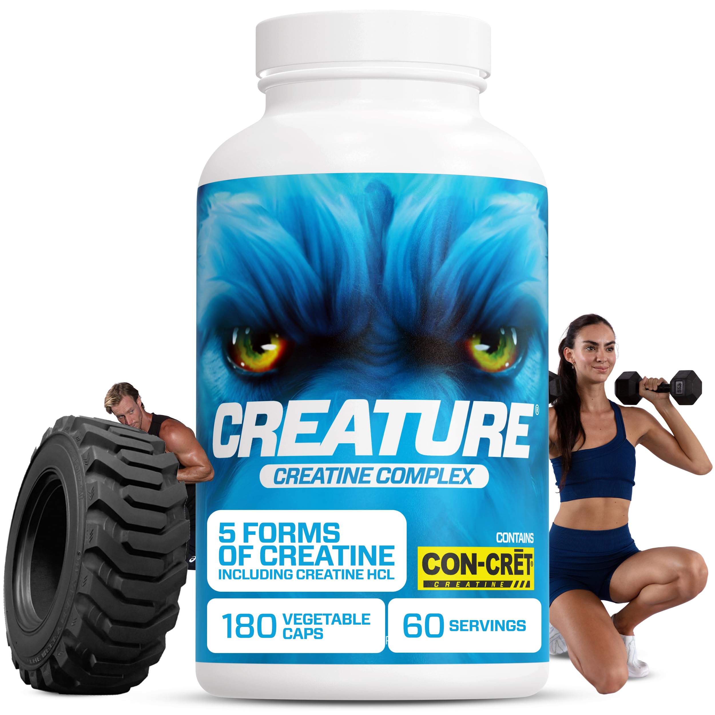 CREATURE Creatine Monohydrate Capsules on a gym bench