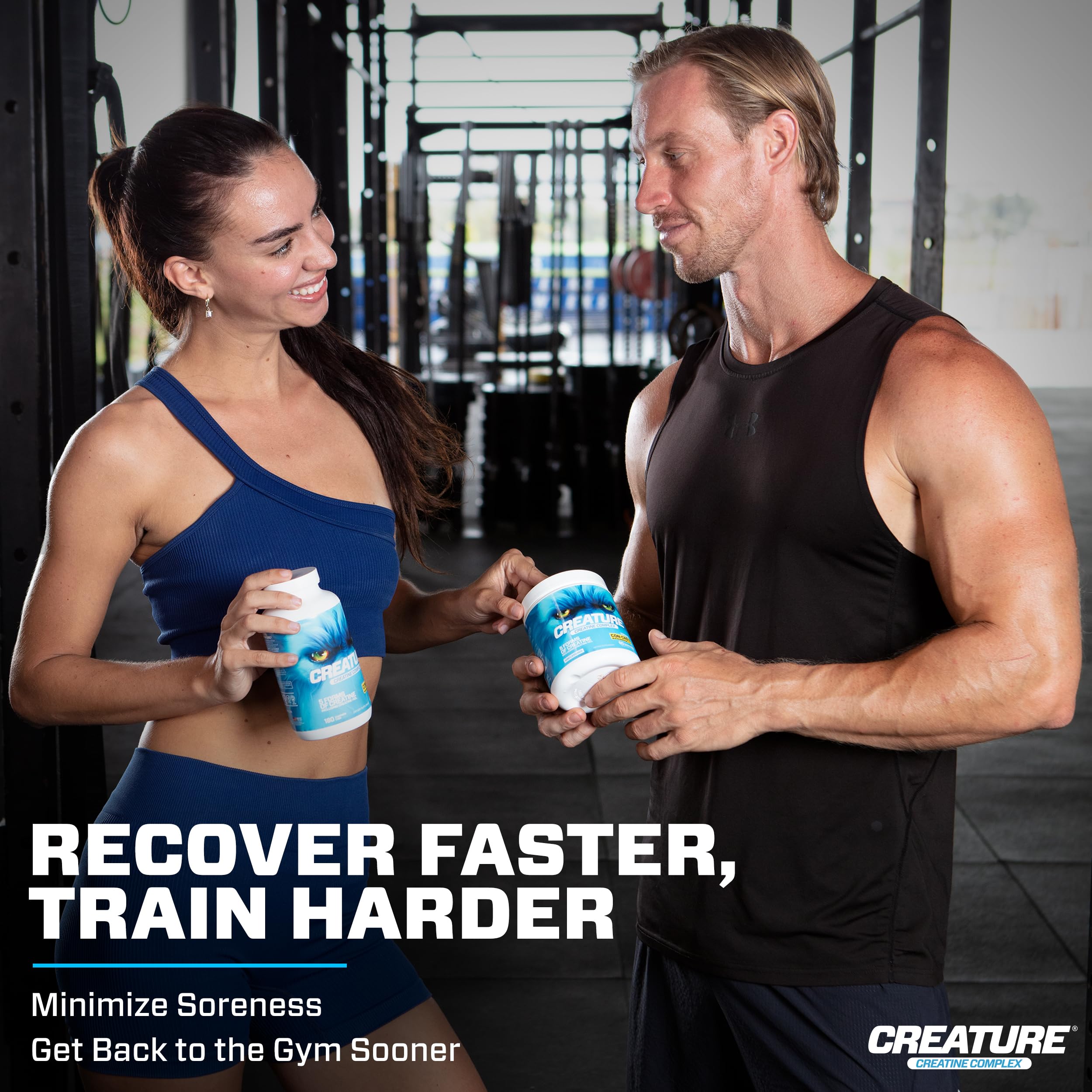 CREATURE Creatine Monohydrate Capsules with water glass