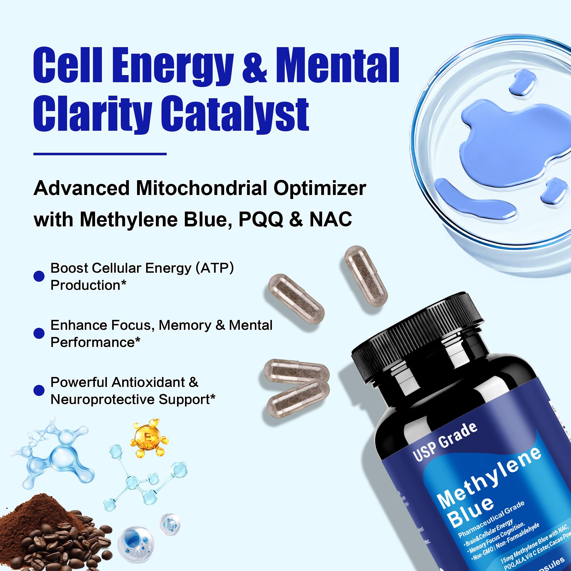 Crobirware Methylene Blue 15mg Capsules bottle side view