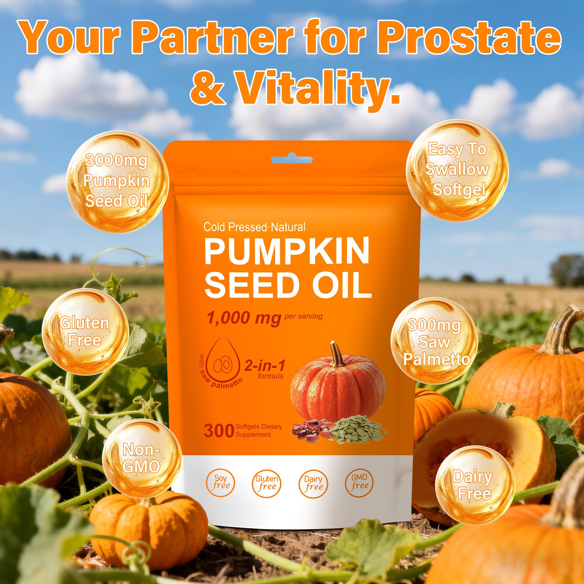 Crobirware Pumpkin Seed Oil & Saw Palmetto softgels on a wooden table