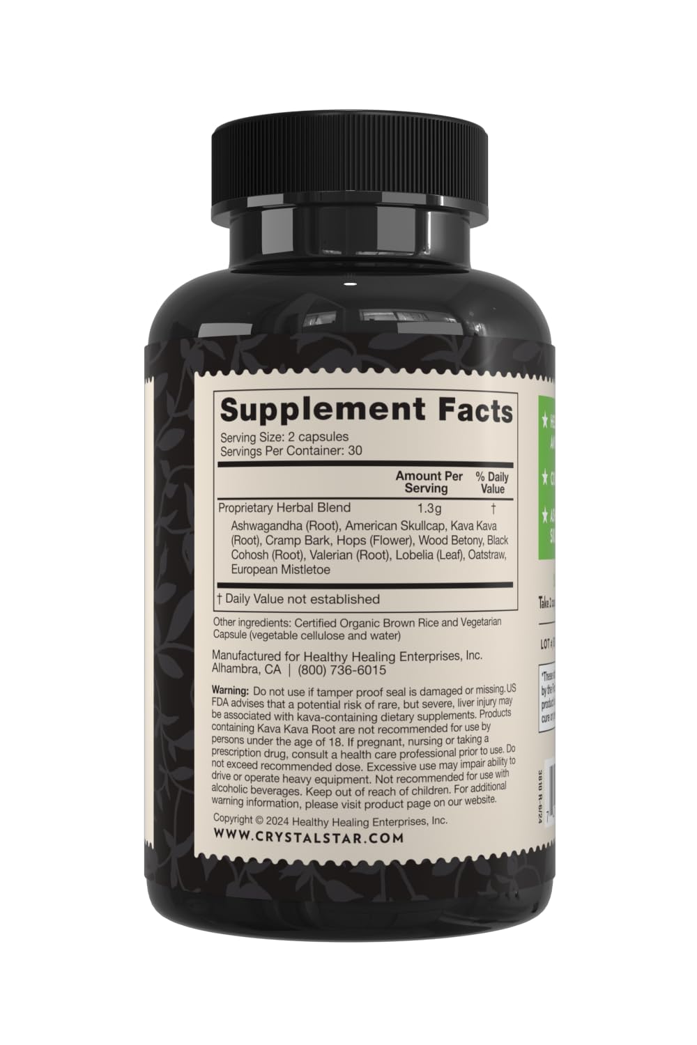 Crystal Star Kava Kava Capsules back view with dosage information