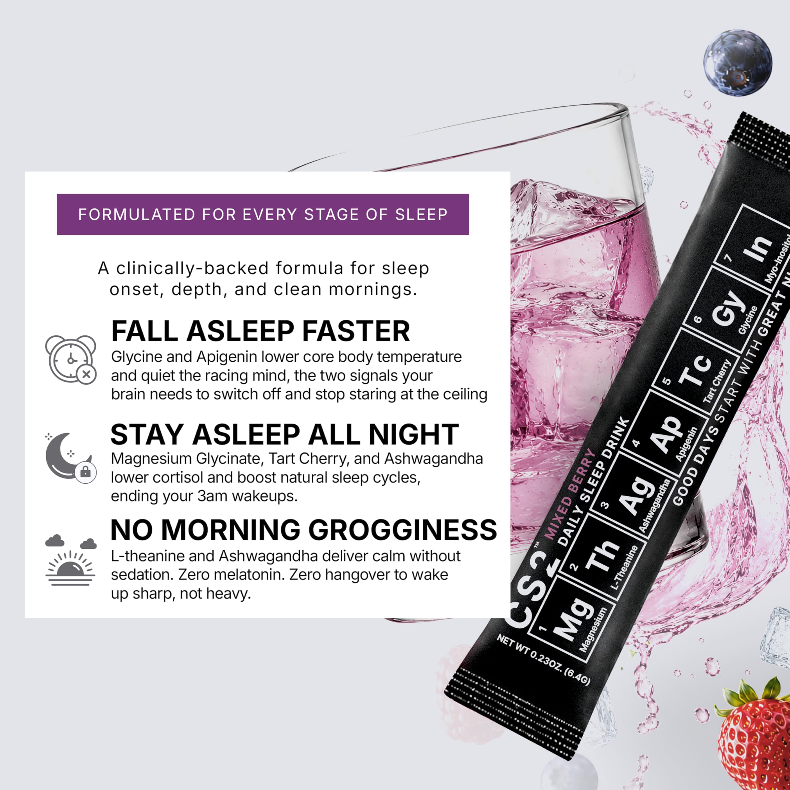 CS2 Sleep Drink Mix stick pack opened with powder visible