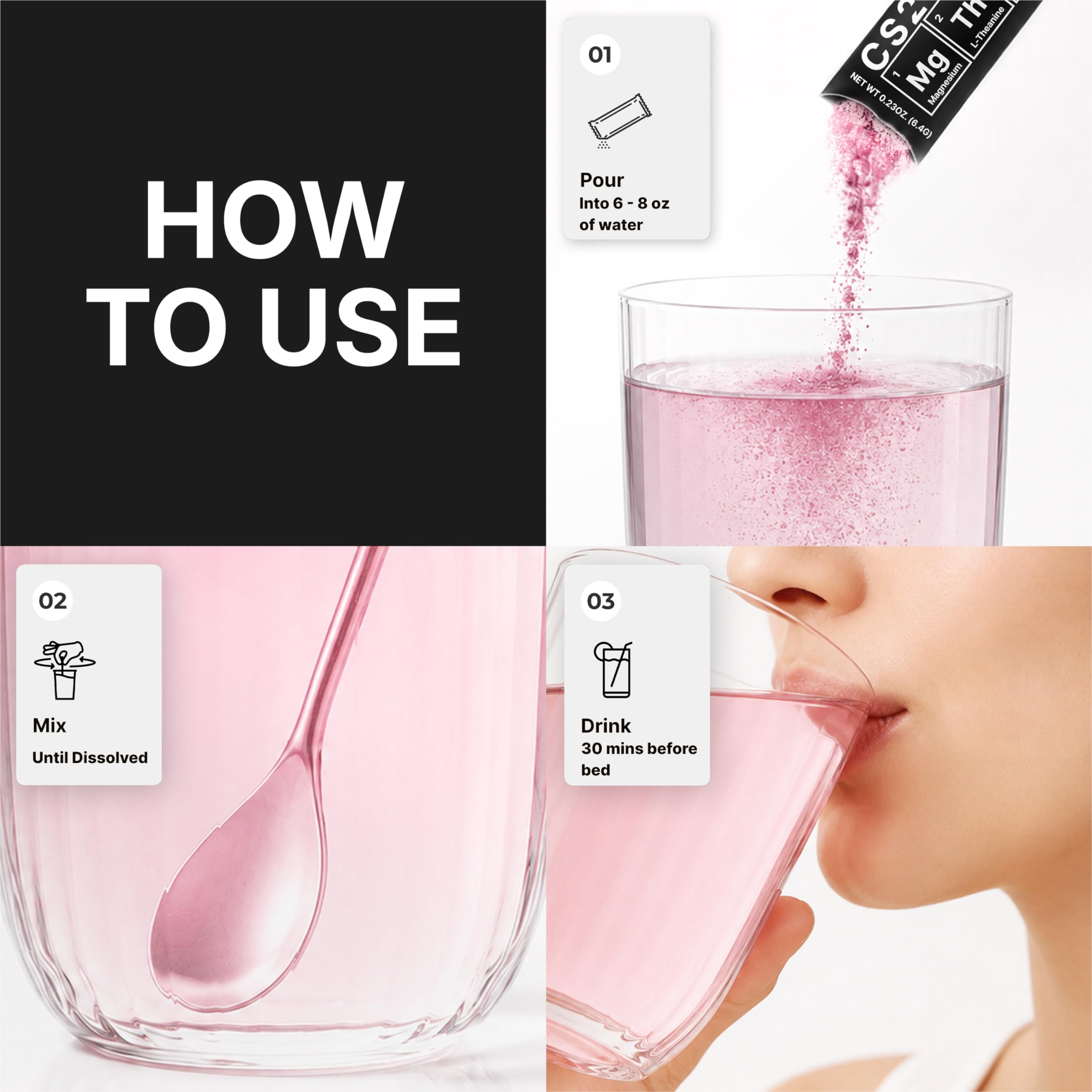 CS2 Sleep Drink Mix stick pack with a glass of water and berries