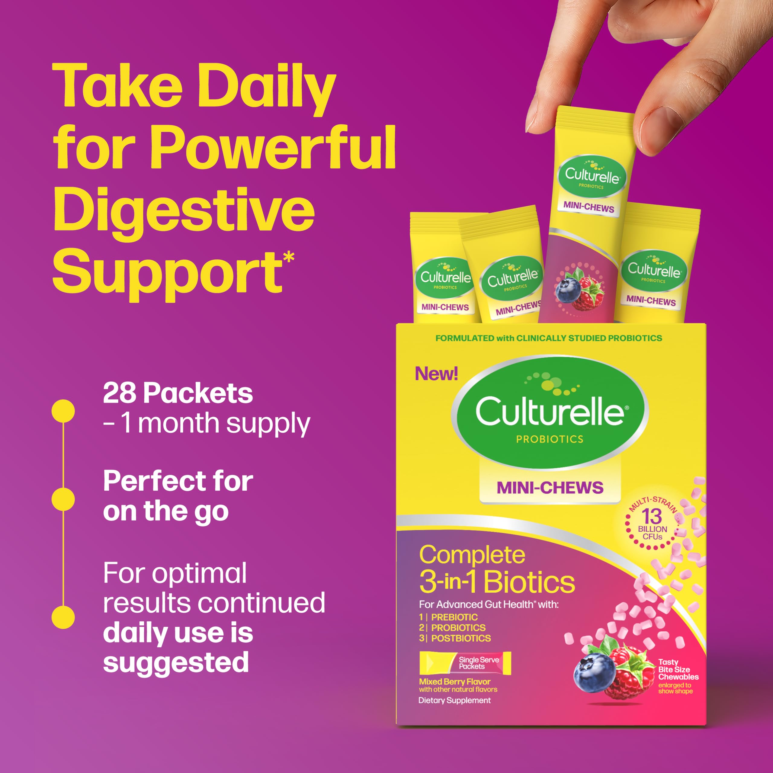 Culturelle Complete 3-in-1 Biotics Mini-Chews chews spilled out of the packet