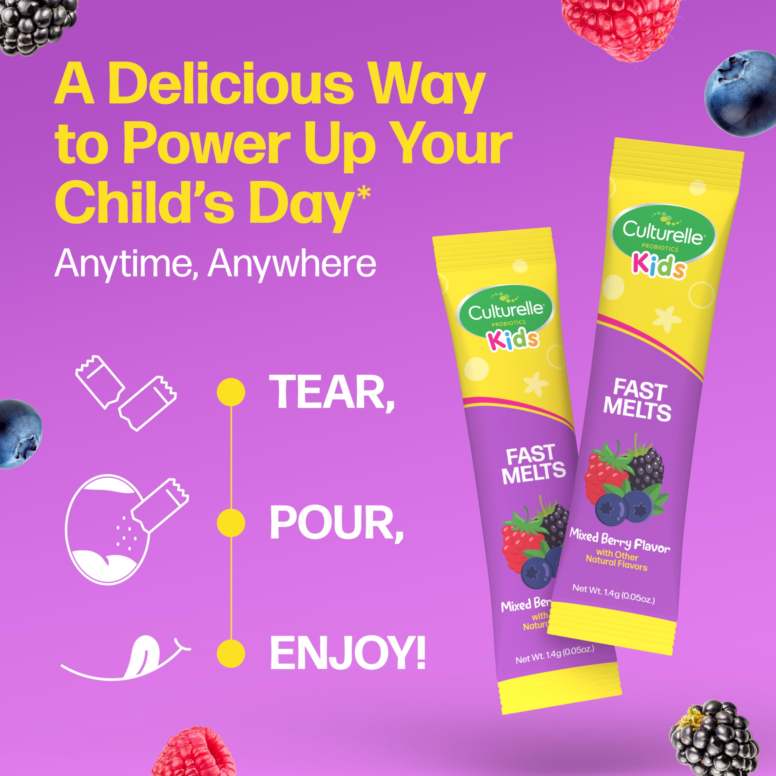 Culturelle Kids Complete Probiotics Fast Melts displayed with fresh berries