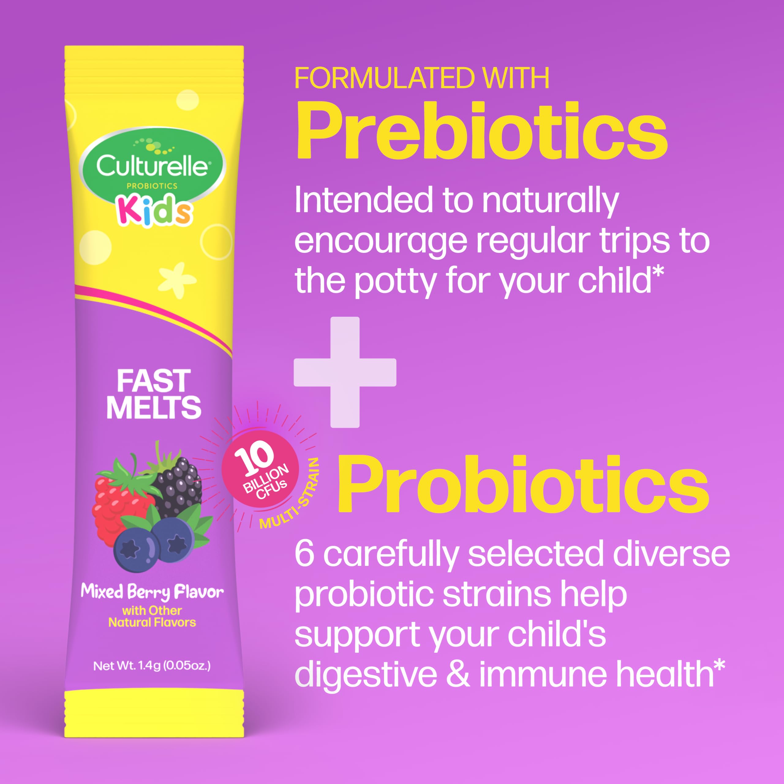 Culturelle Kids Complete Probiotics Fast Melts stick pack open showing powder