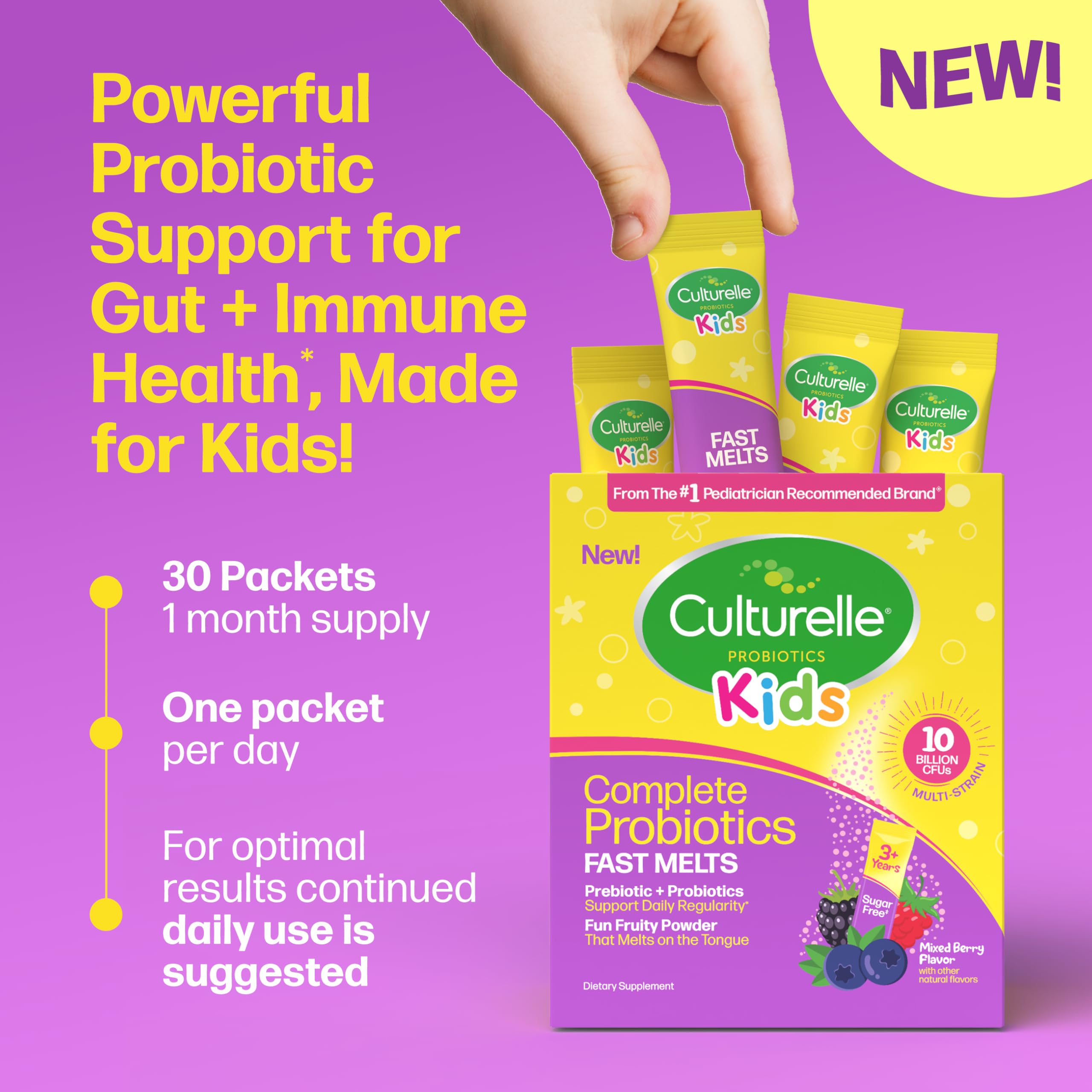 Culturelle Kids Complete Probiotics Fast Melts stick pack with nutritional information