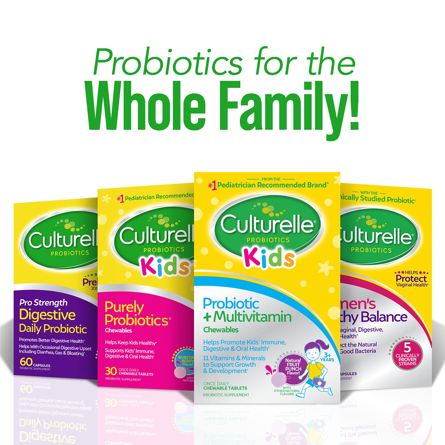 Culturelle Kids Probiotic + Complete Multivitamin Chewables displayed with other children's vitamins