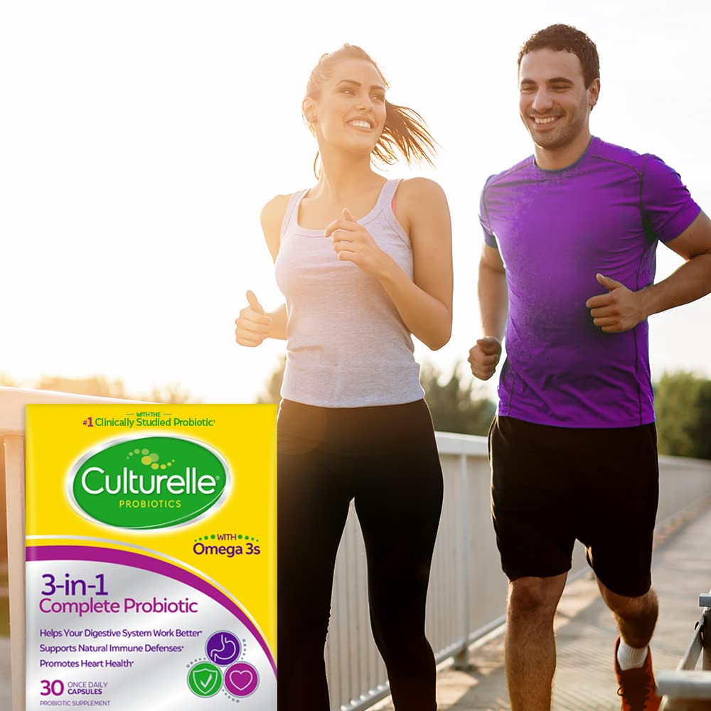 Culturelle Pro-Well 3-in-1 Complete Probiotic Capsules with a glass of water