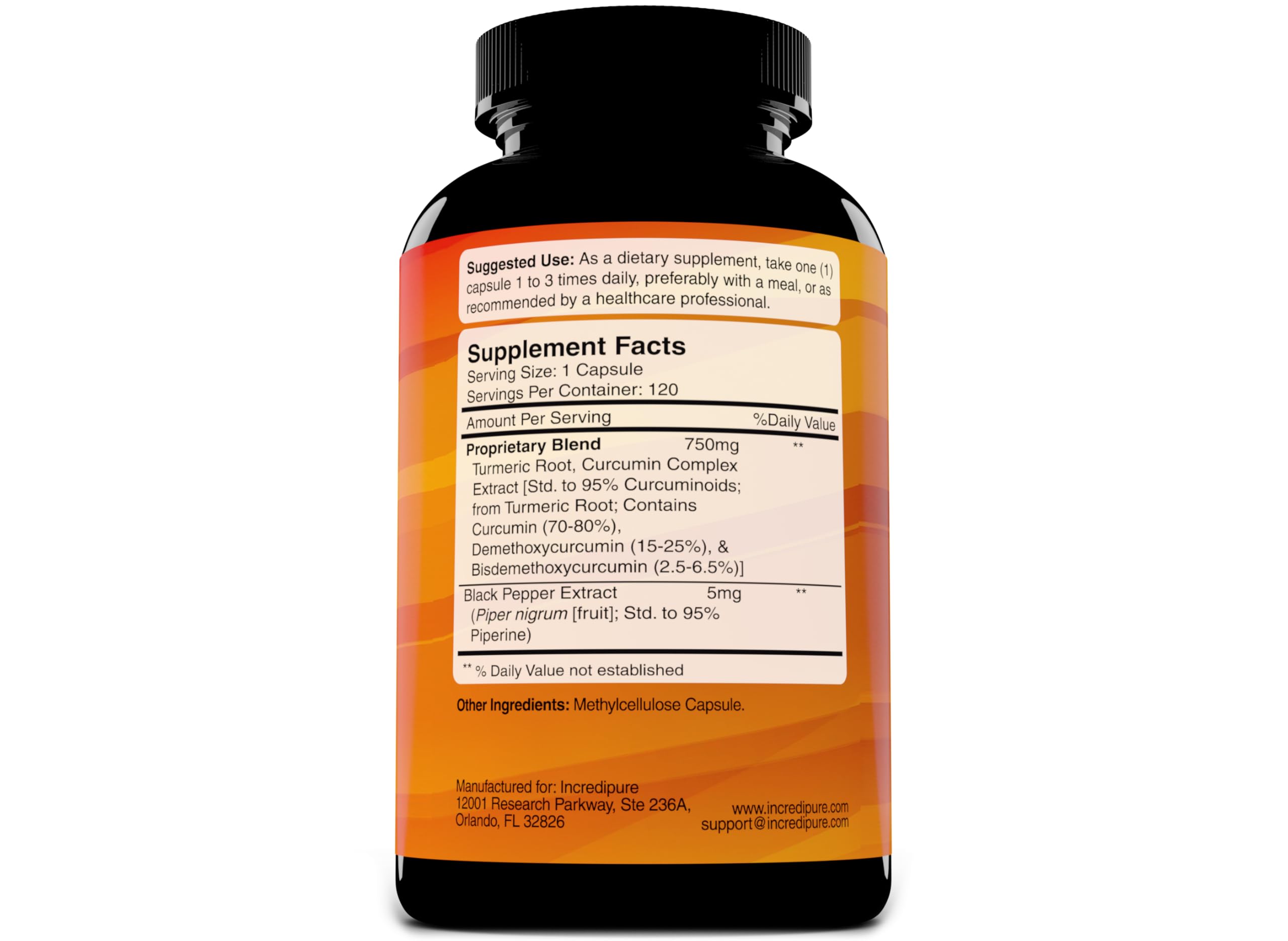 Curcumin Incredipure Turmeric Curcumin 750mg capsules side view
