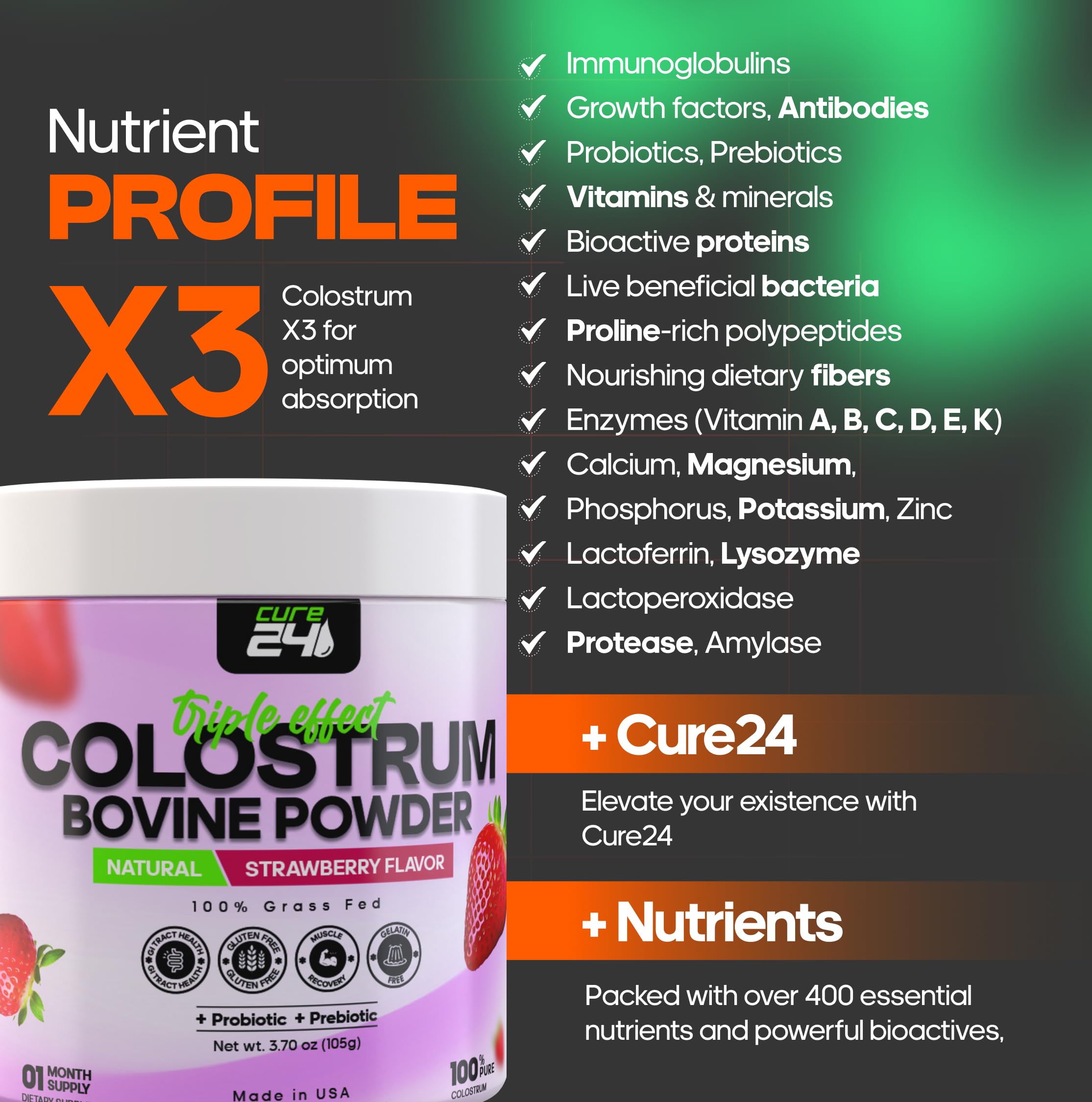 Cure24 Colostrum x3 90g powder packaging