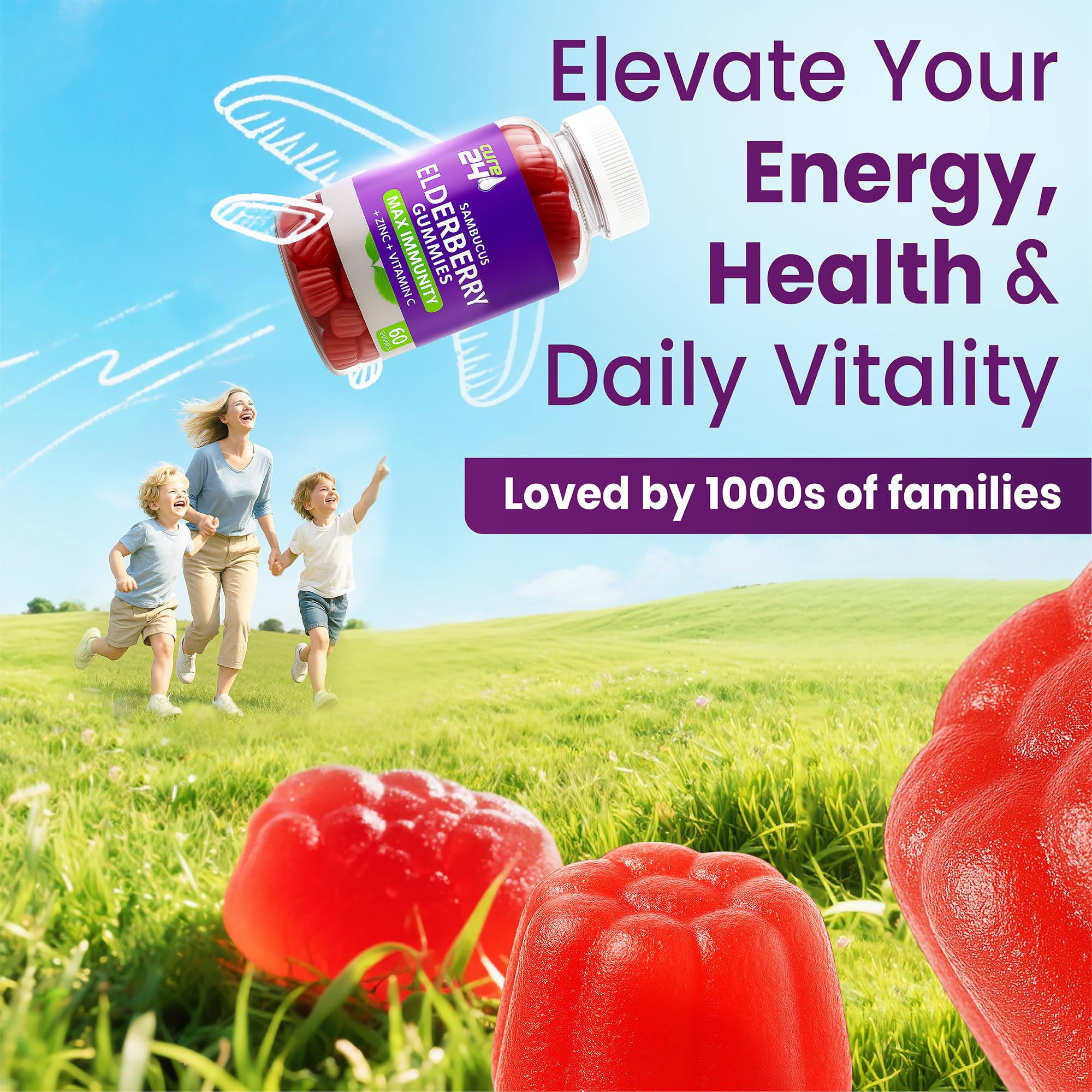 Cure24 Elderberry Gummies with fresh elderberries