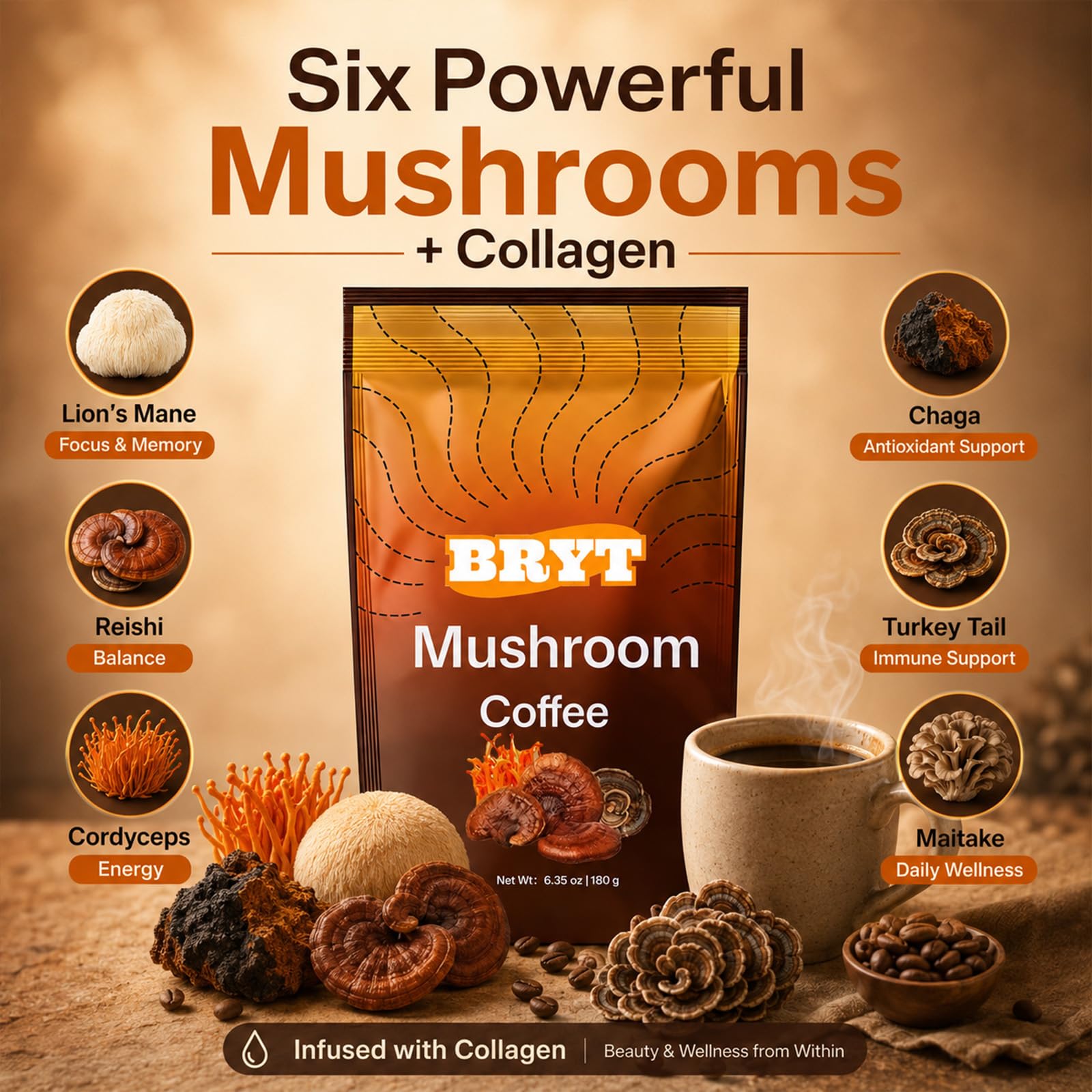Curvani Mushroom Coffee Blend lifestyle scene with coffee