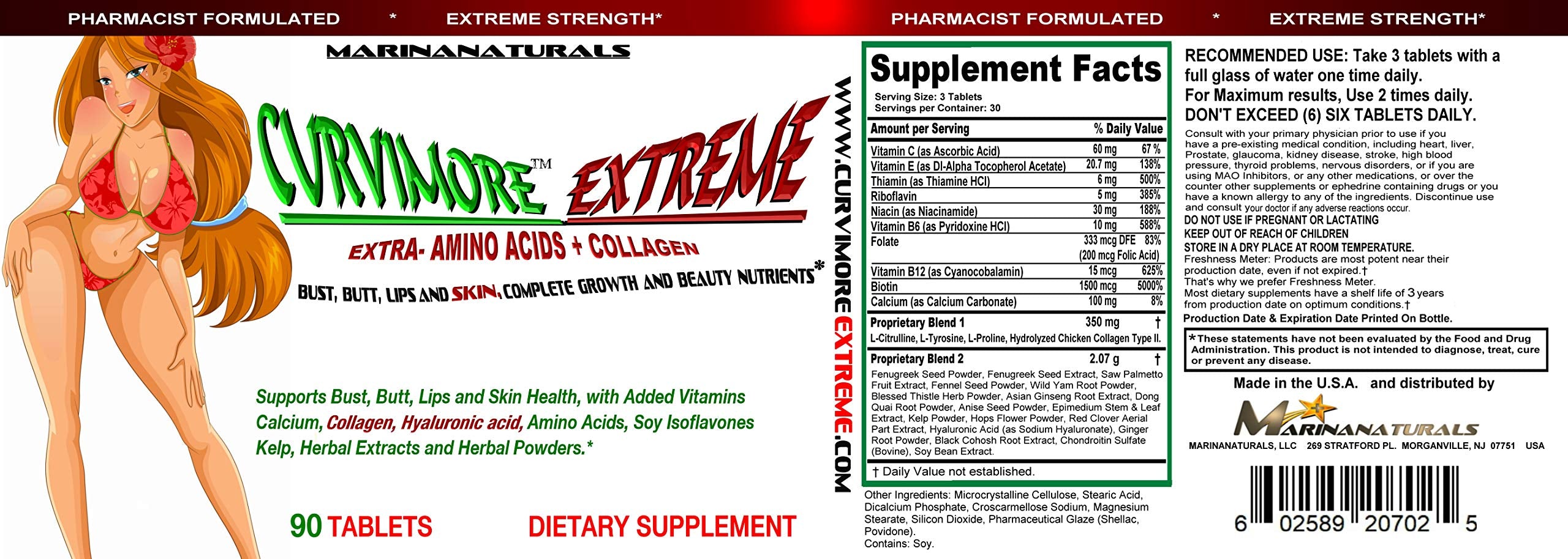 CURVIMORE EXTREME Enlargement Pills back view packaging with nutritional information