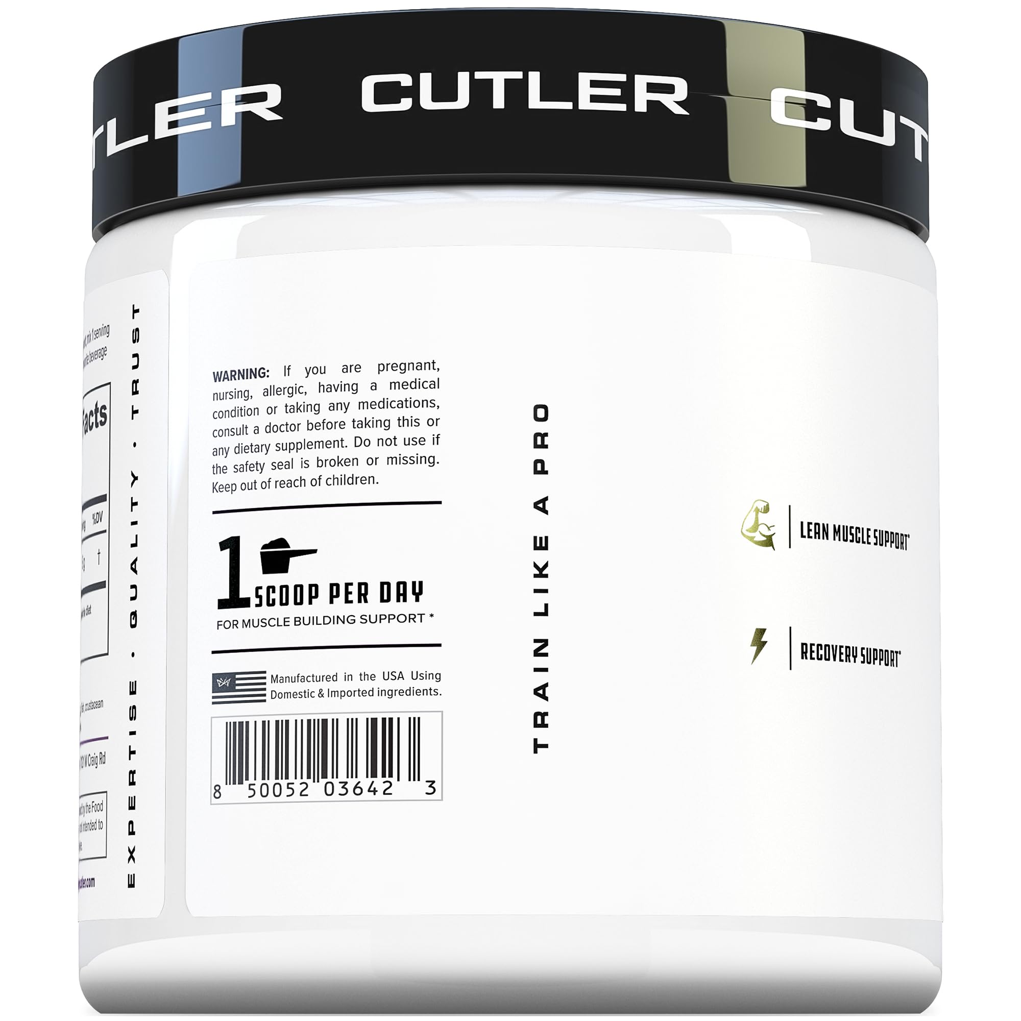 Cutler Nutrition Creatine Monohydrate side view showing serving size