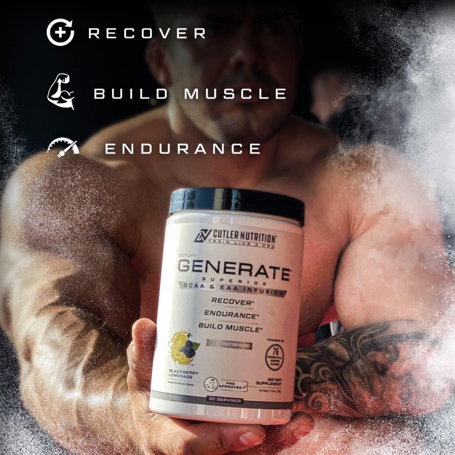 Cutler Nutrition EAA and BCAA amino acids powder packaging on a gym bench