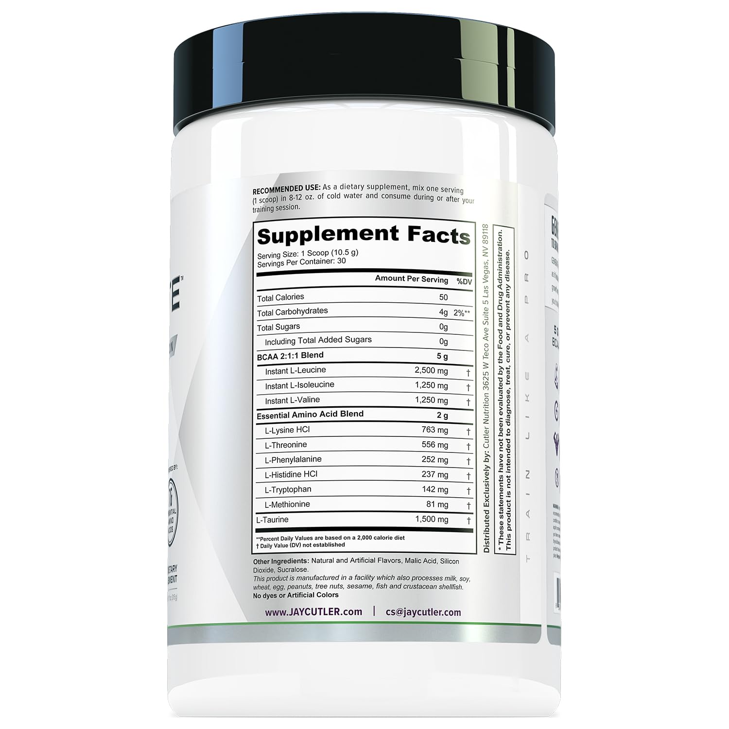 Cutler Nutrition EAA and BCAA amino acids powder side view with nutritional information