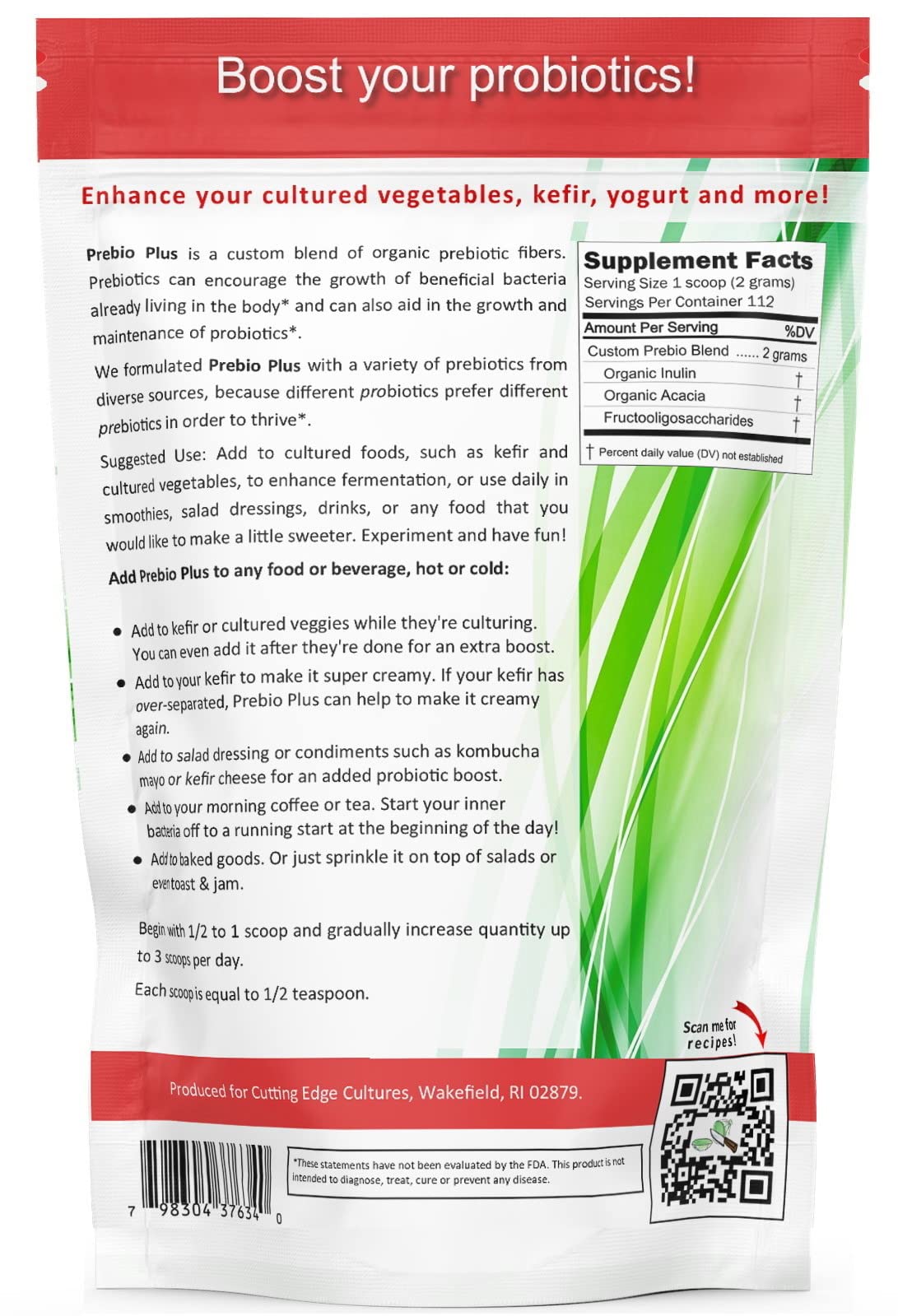 Cutting Edge Cultures Prebio Plus Organic Prebiotic Fiber 225g side view