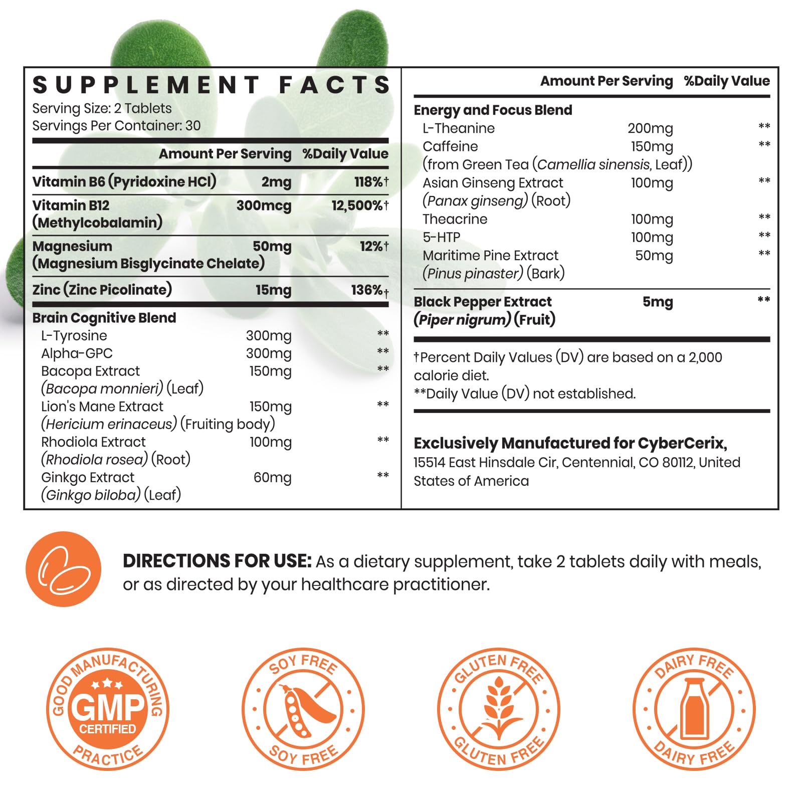 CyberCerix Ginkgo Biloba 17-in-1 Brain Supplement side view