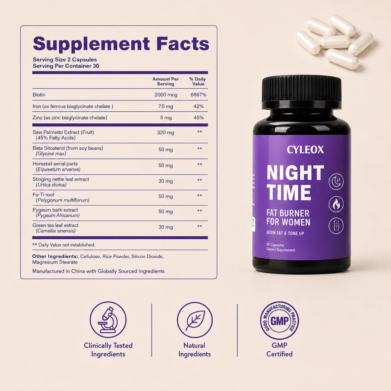 Cyleox Night Time Fat Burner for Women capsules close-up