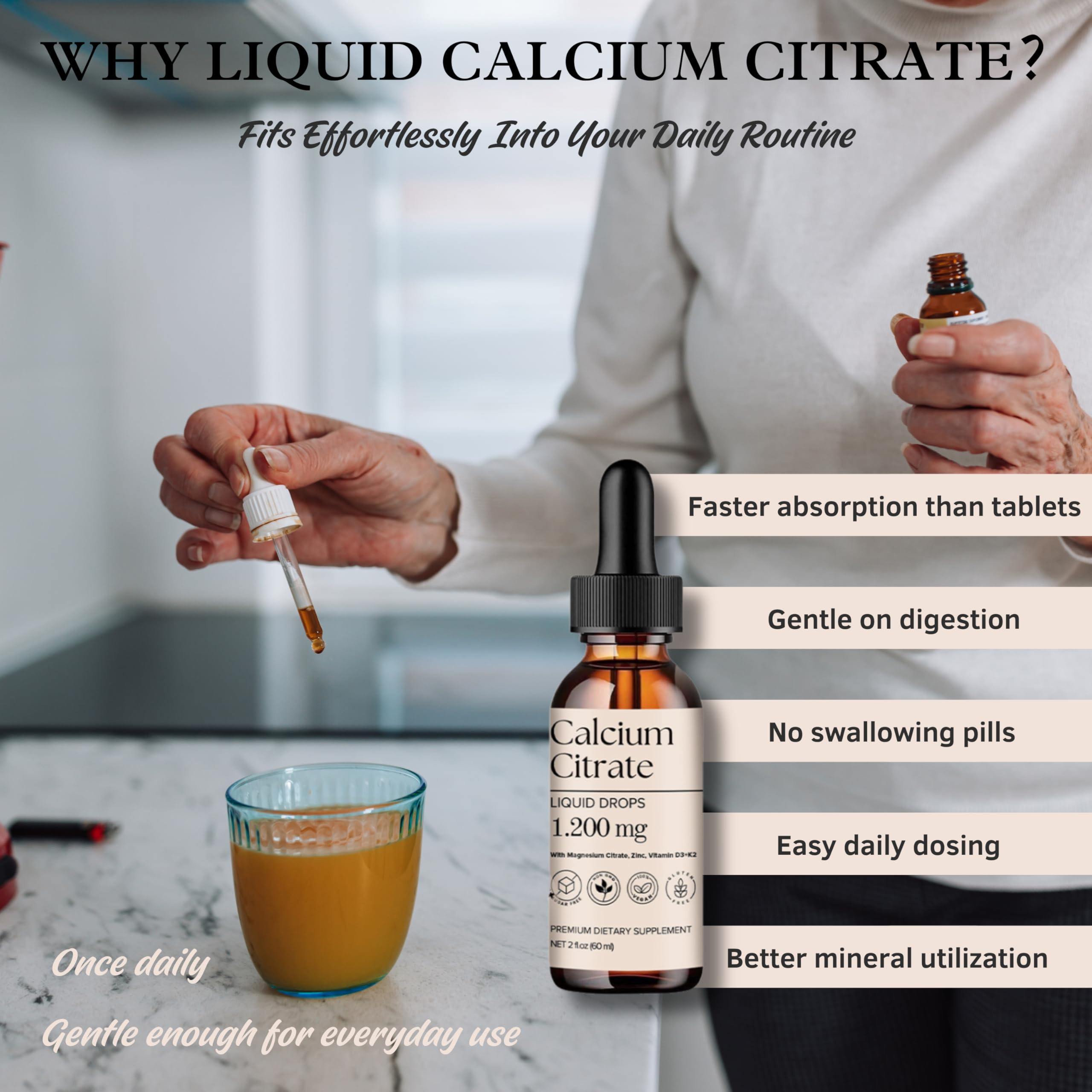 D L S Calcium Citrate Liquid Drops 1200mg on a kitchen counter