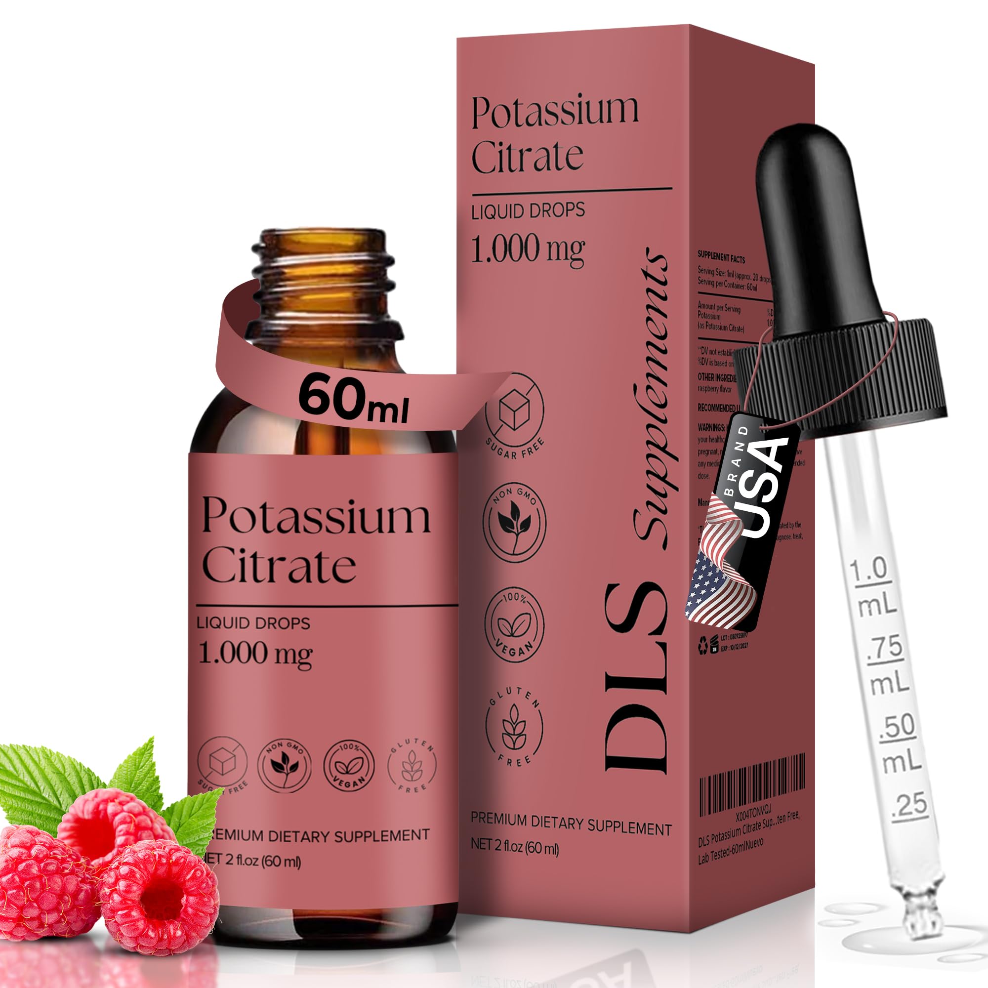 D L S Potassium Citrate Liquid 1000mg front view of dropper bottle