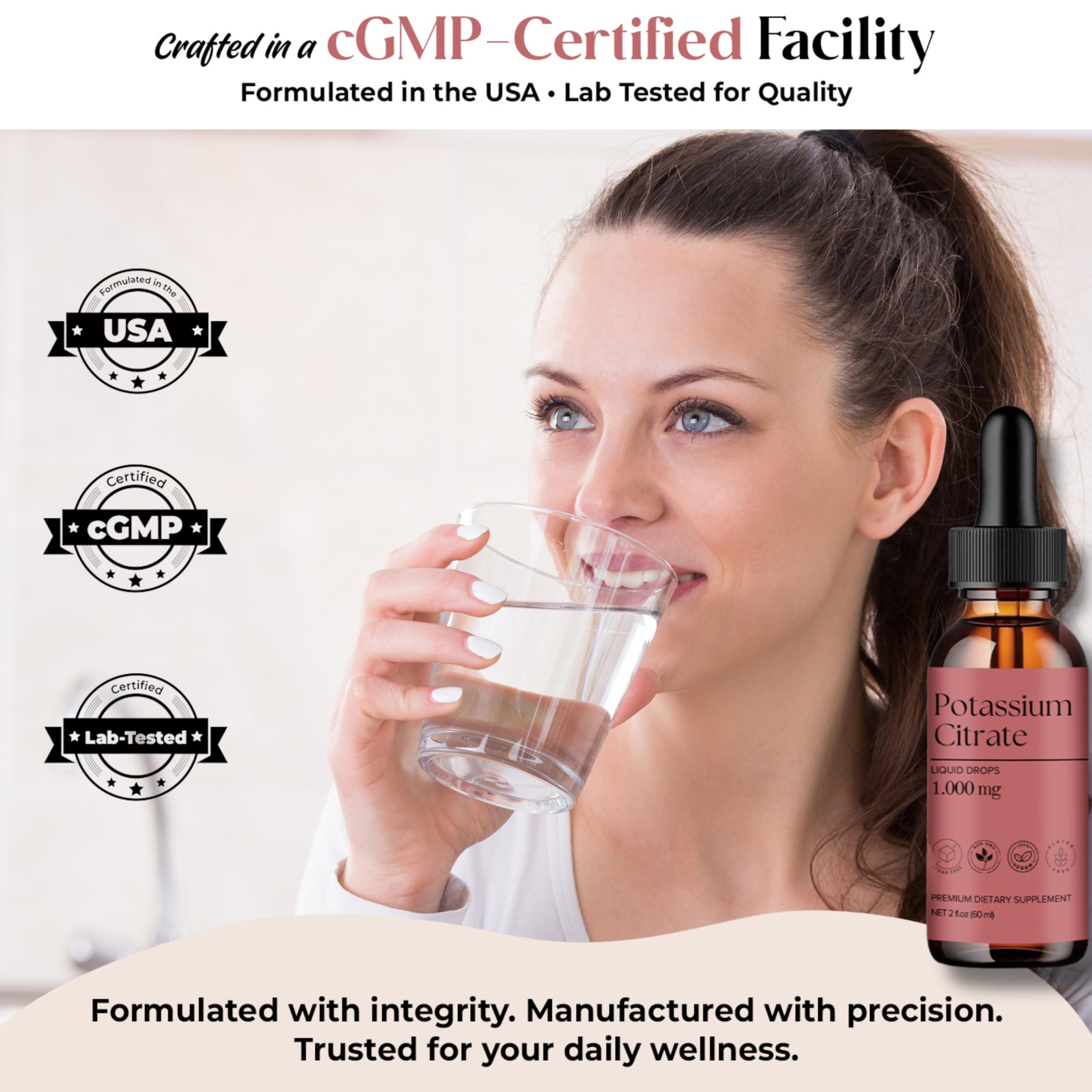 D L S Potassium Citrate Liquid 1000mg lifestyle scene with water