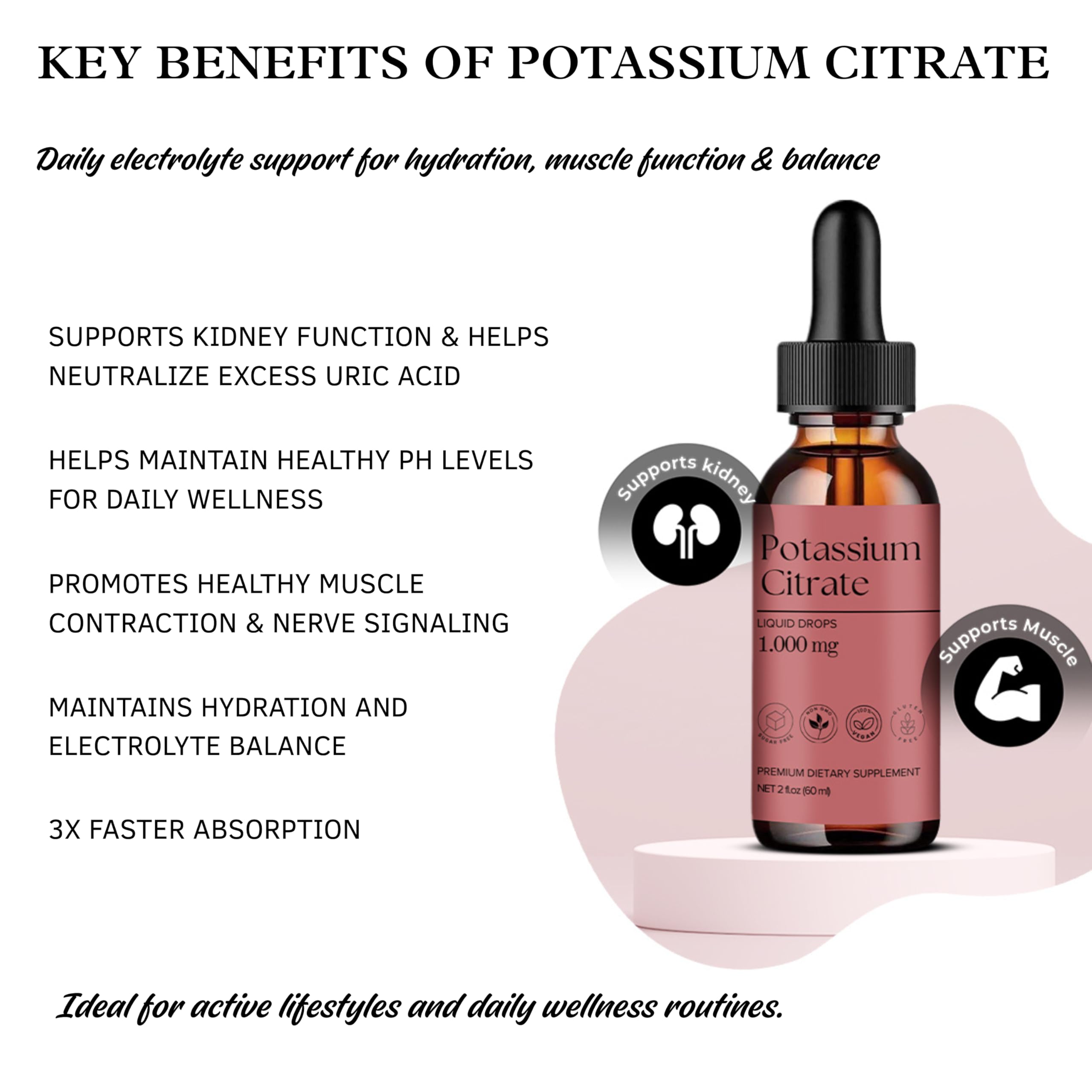 D L S Potassium Citrate Liquid 1000mg side view of dropper bottle