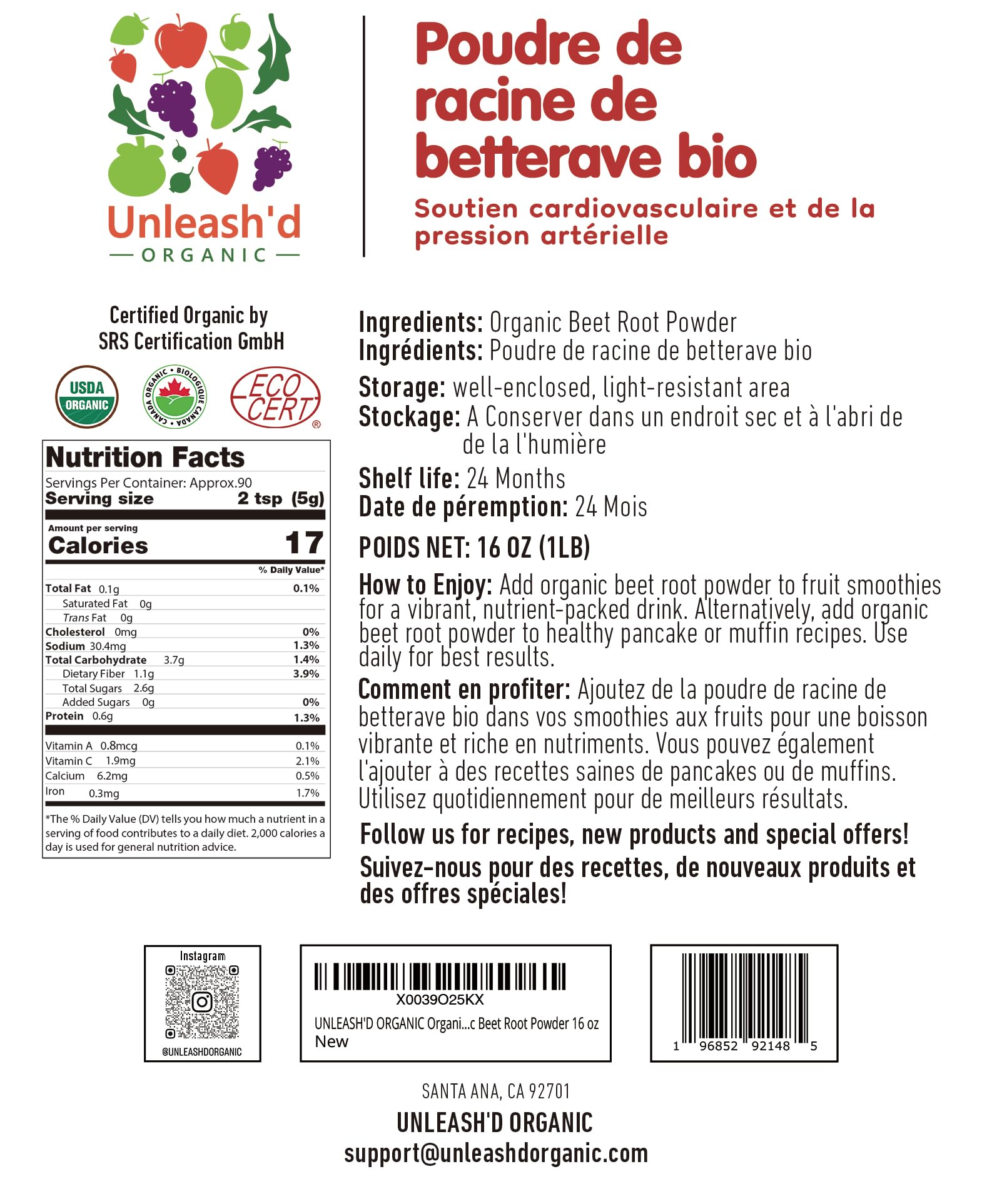 'D ORGANIC Grape Seed Extract 454g packaging details