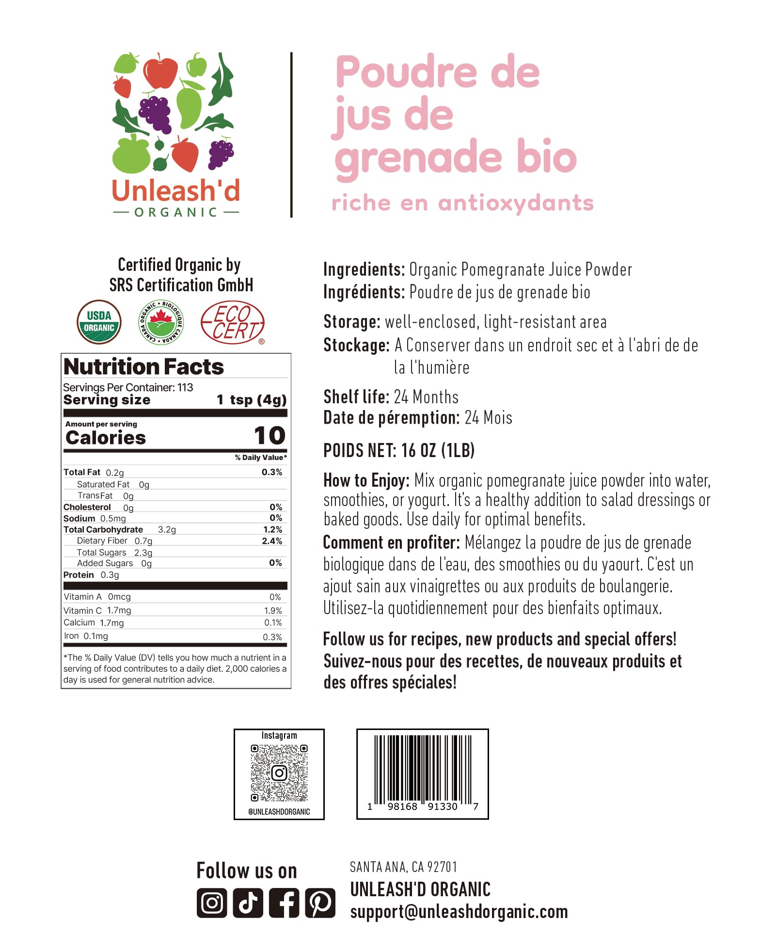 'D ORGANIC Pomegranate Juice Powder 454g packaging
