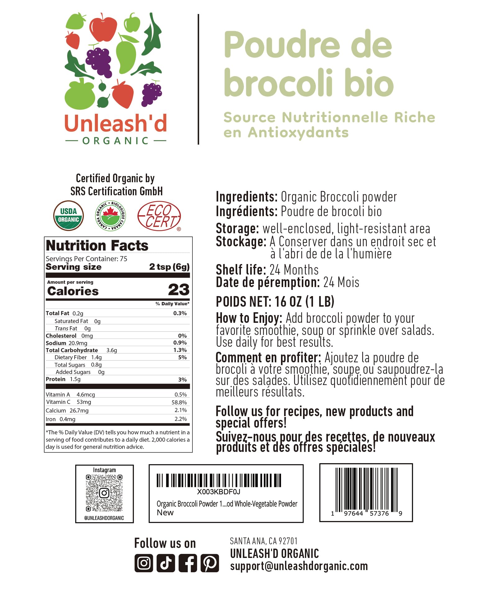 'D ORGANIC Spirulina Powder packaging side view