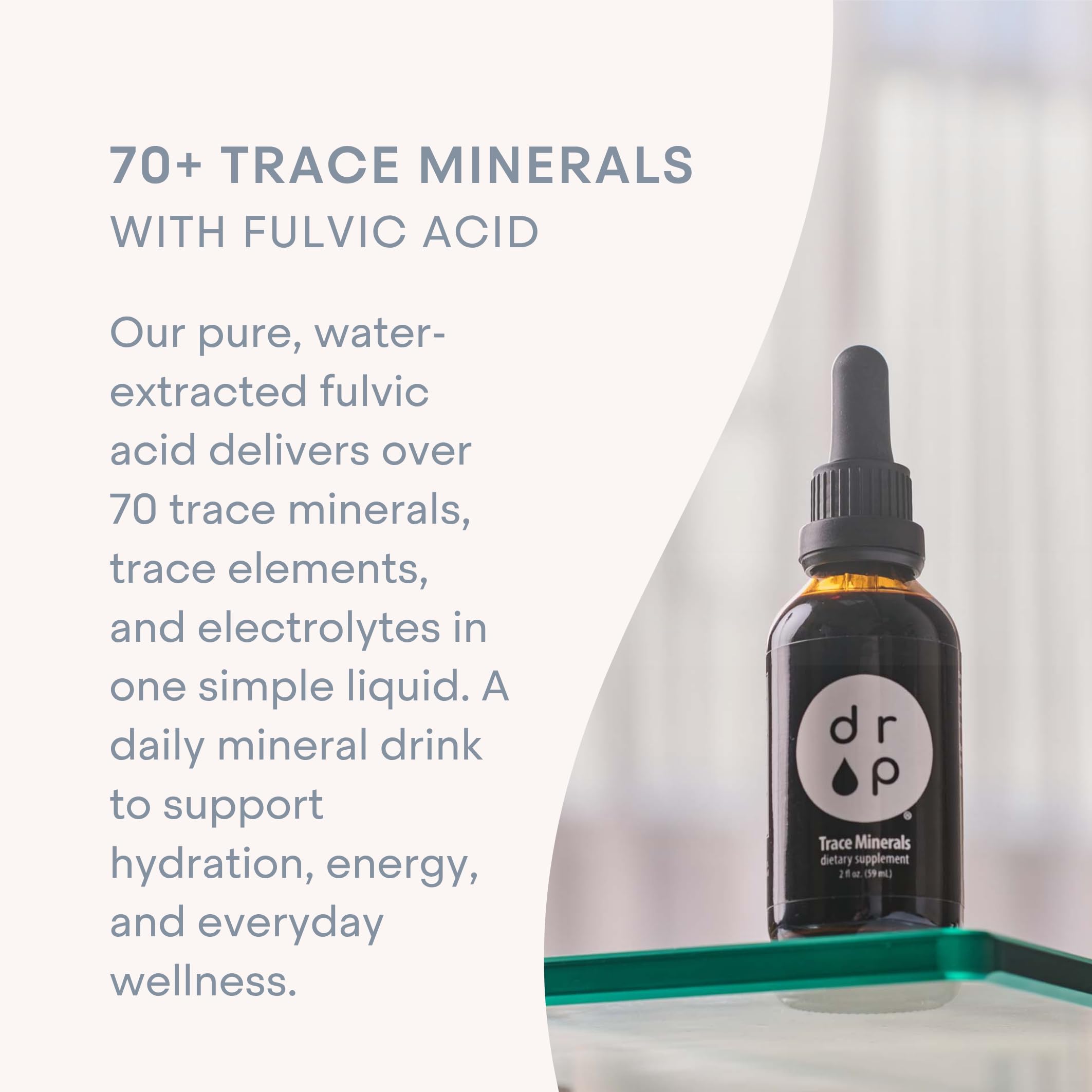 D R P Fulvic Acid Trace Mineral Complex liquid drops in a glass