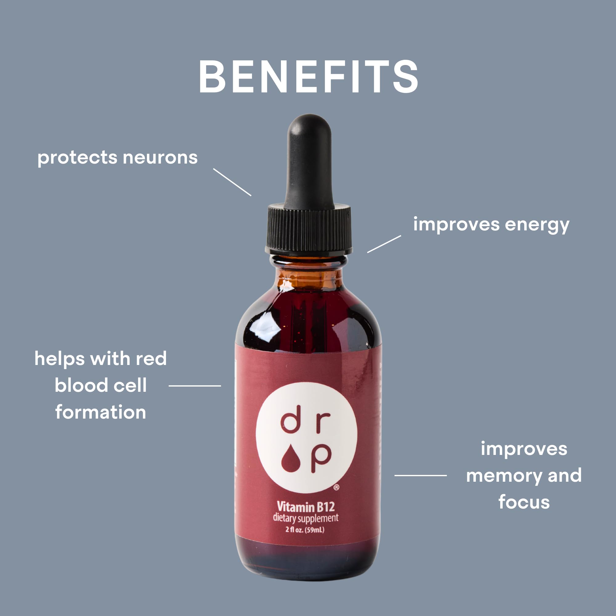 D R P Liquid Vitamin B12 2500 mcg 2 oz bottle side view