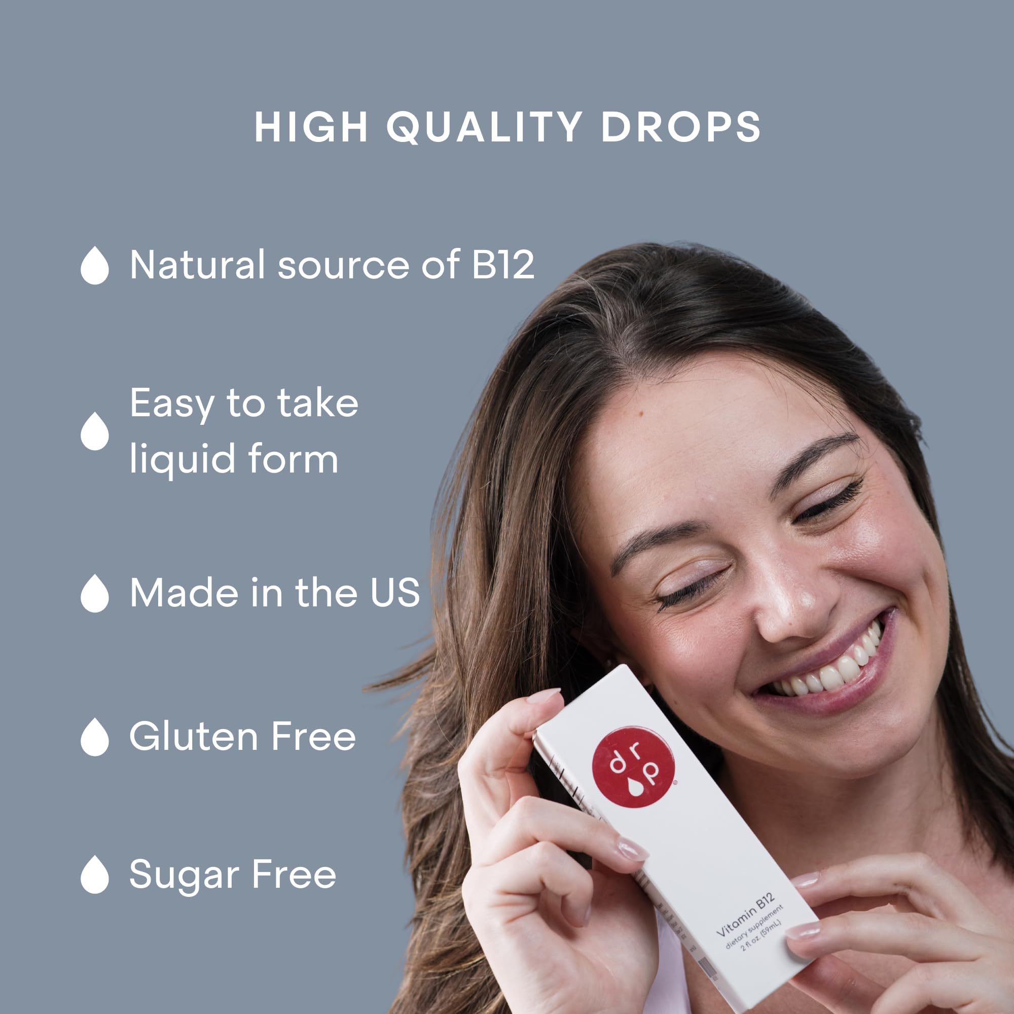 D R P Liquid Vitamin B12 2500 mcg bottle on a wooden table
