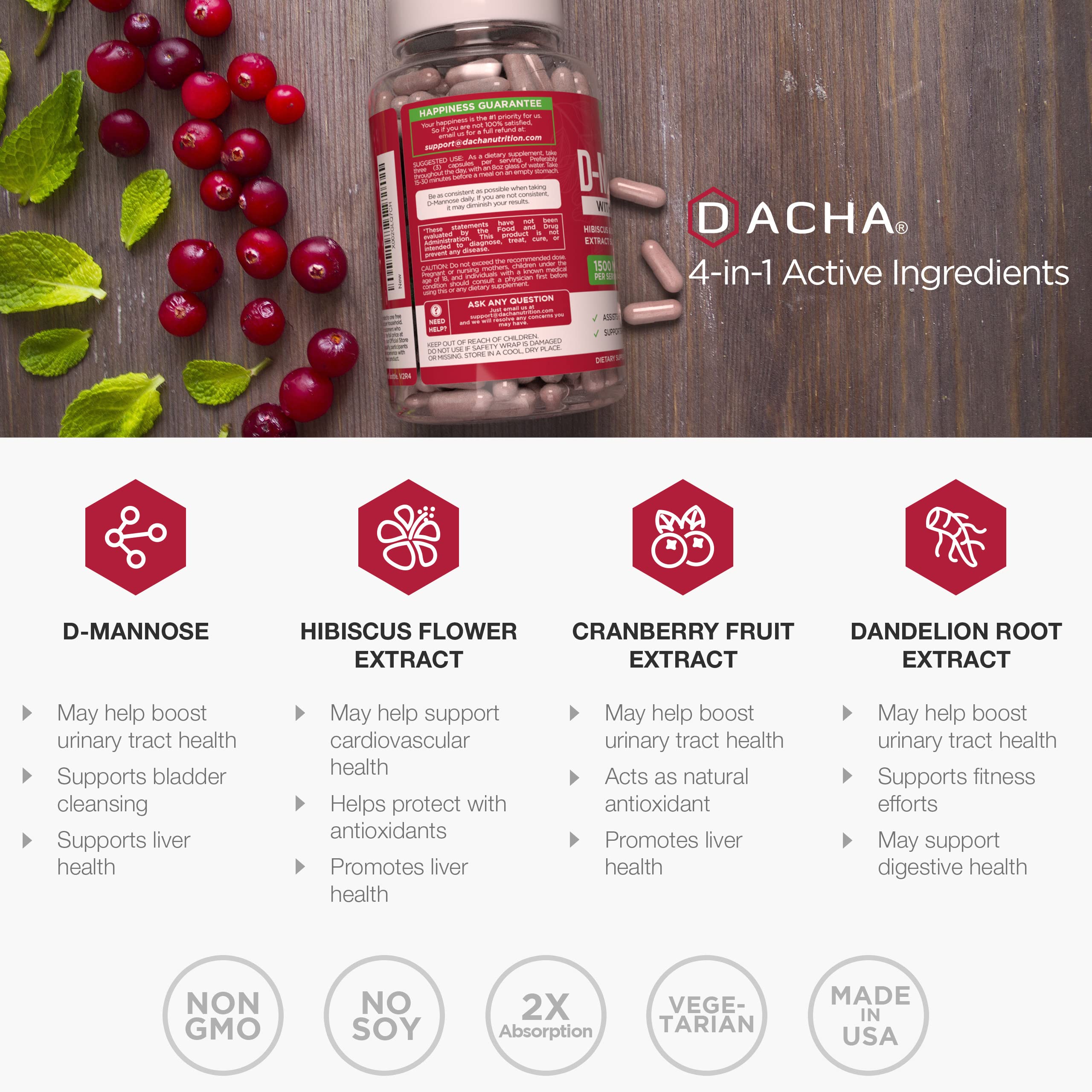 DACHA Cranberry D-Mannose supplement capsule in hand