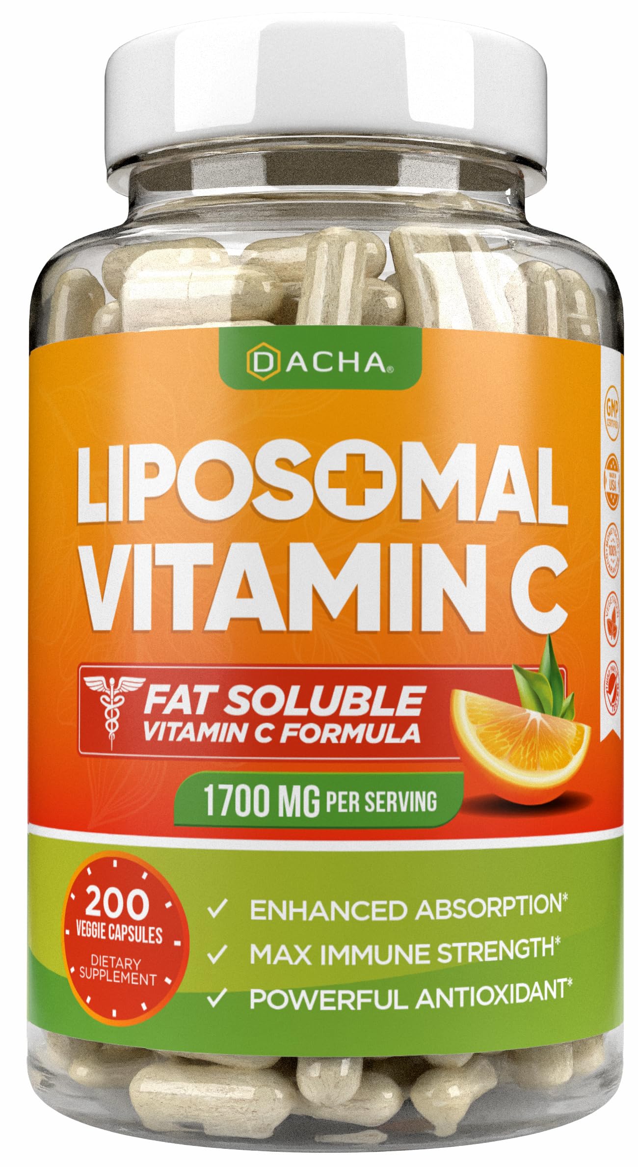 DACHA Liposomal Vitamin C 1700mg 200 vegetarian capsules front view