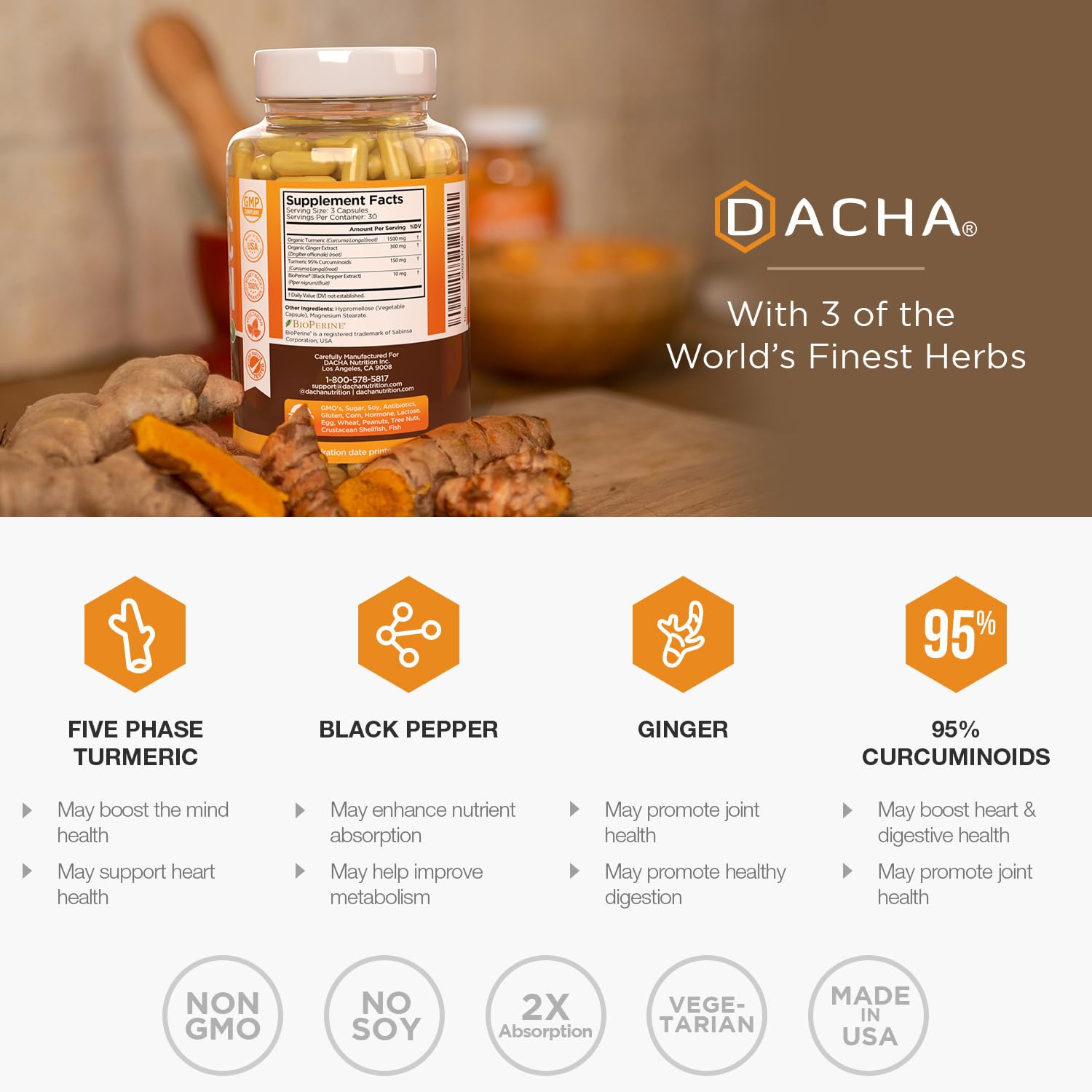 DACHA Turmeric Supplement capsules on a wooden surface