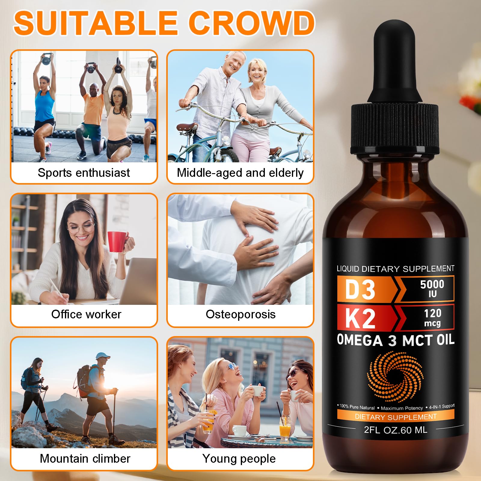 Daiasns Liquid Vitamin D3 & K2 Drops 5000 IU bottle with measuring dropper