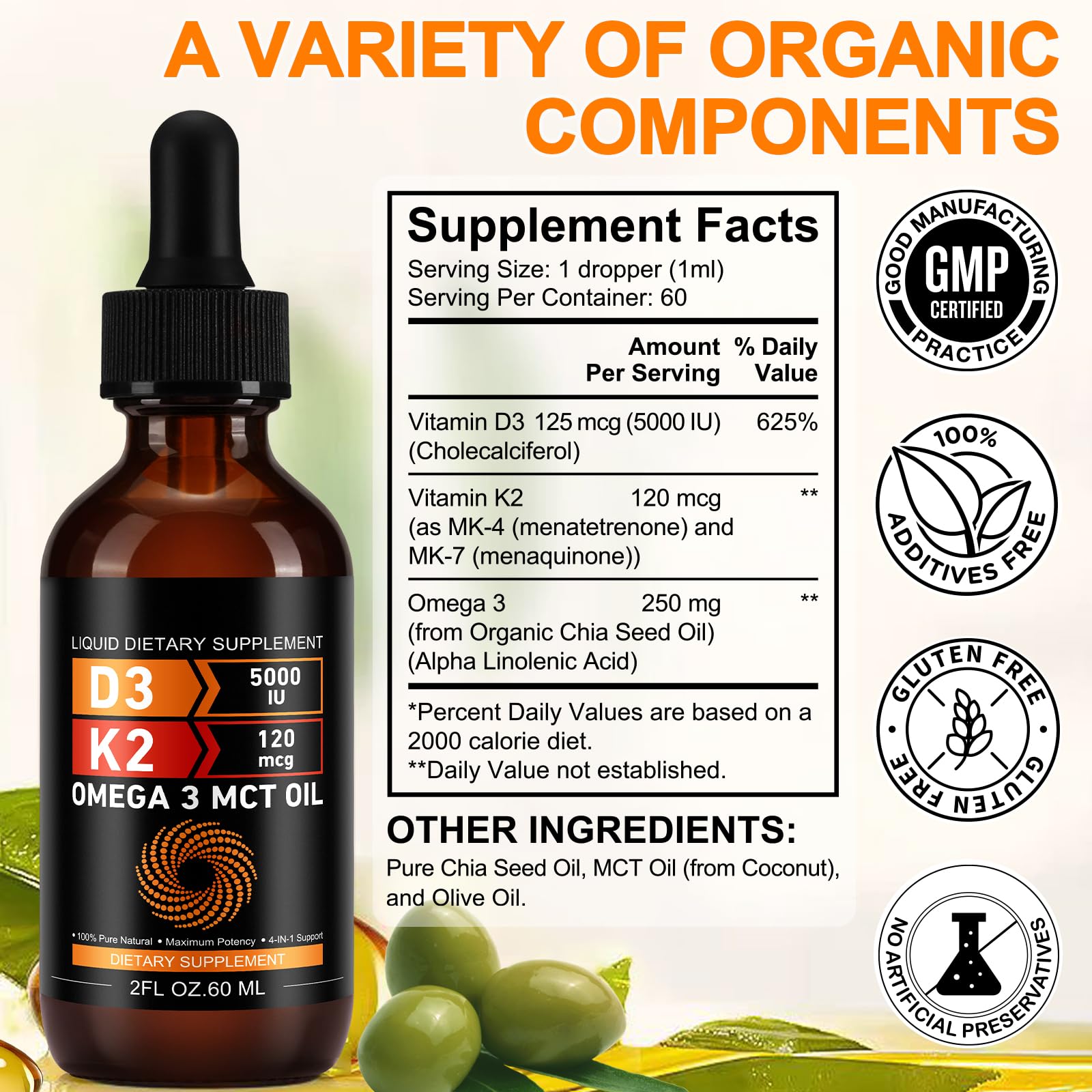 Daiasns Liquid Vitamin D3 & K2 Drops 5000 IU ingredients list