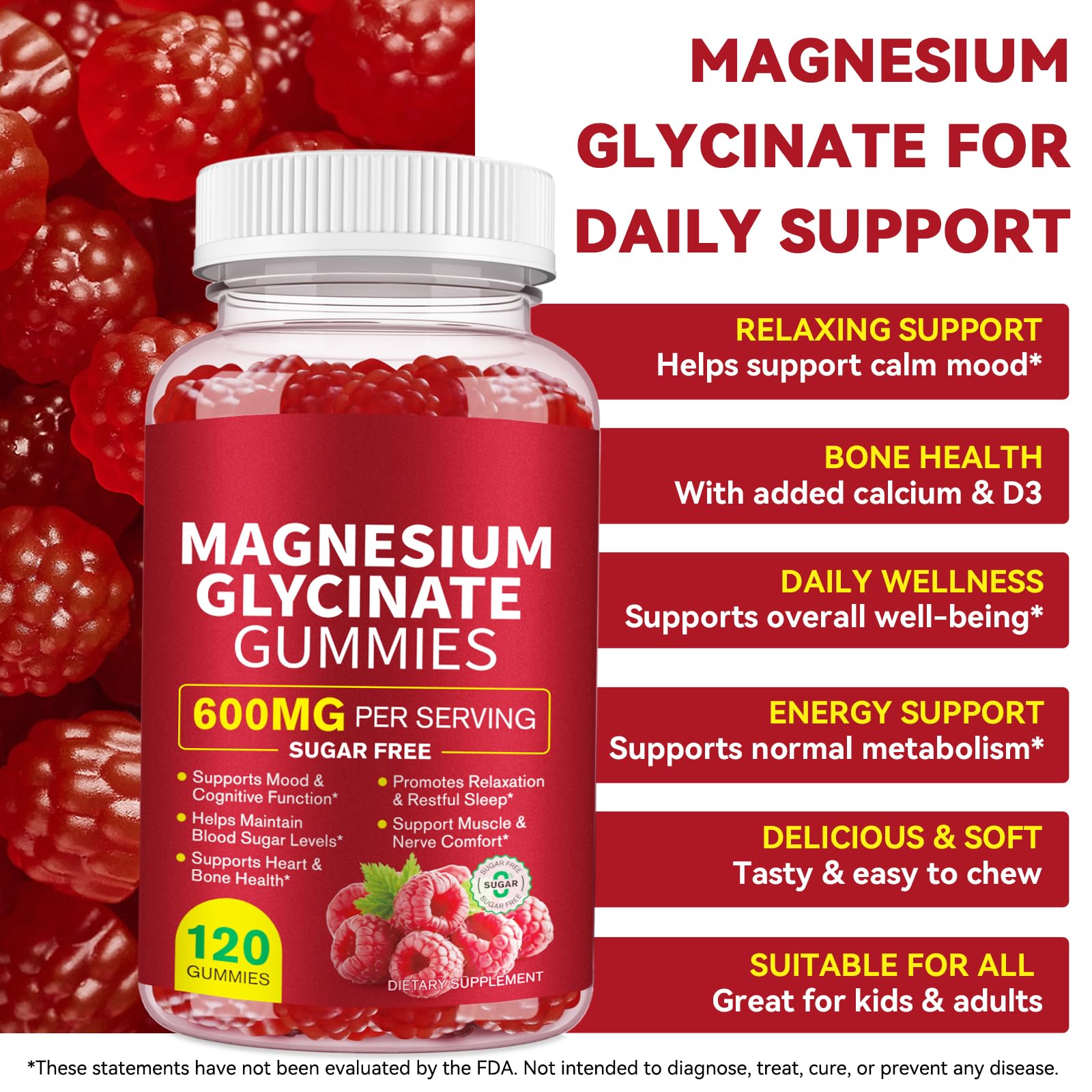 Daiasns Magnesium Glycinate Gummies 600mg back view with ingredients list