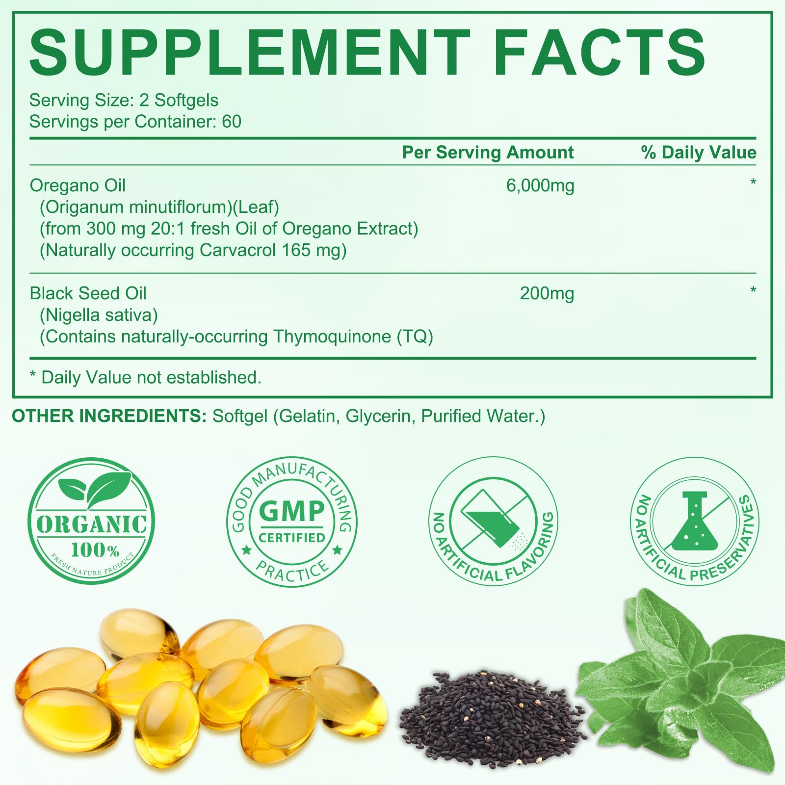Daiasns Oil of Oregano Softgels displayed with herbs