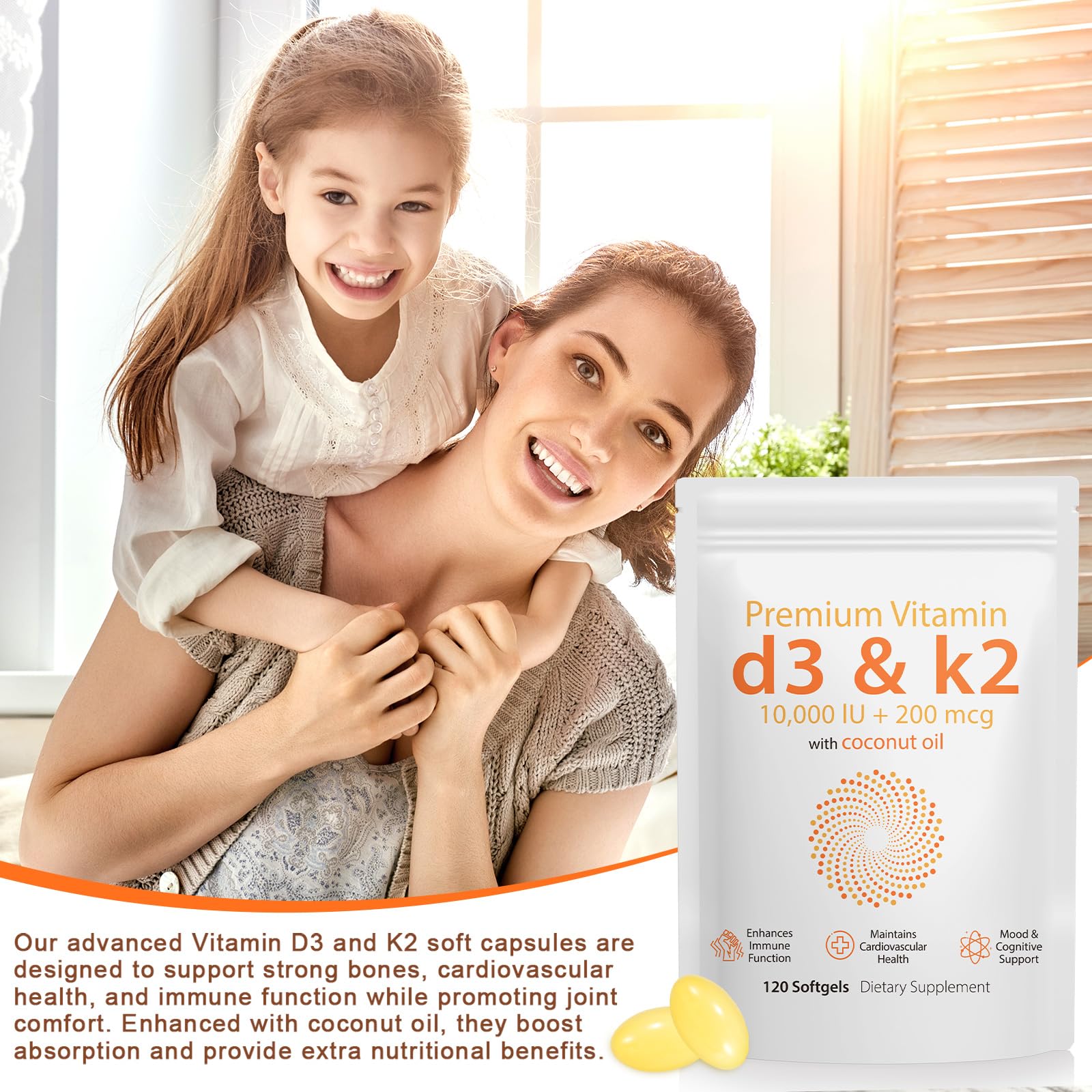 Daiasns Vitamin D3 & K2 Softgels packaging on a wooden table