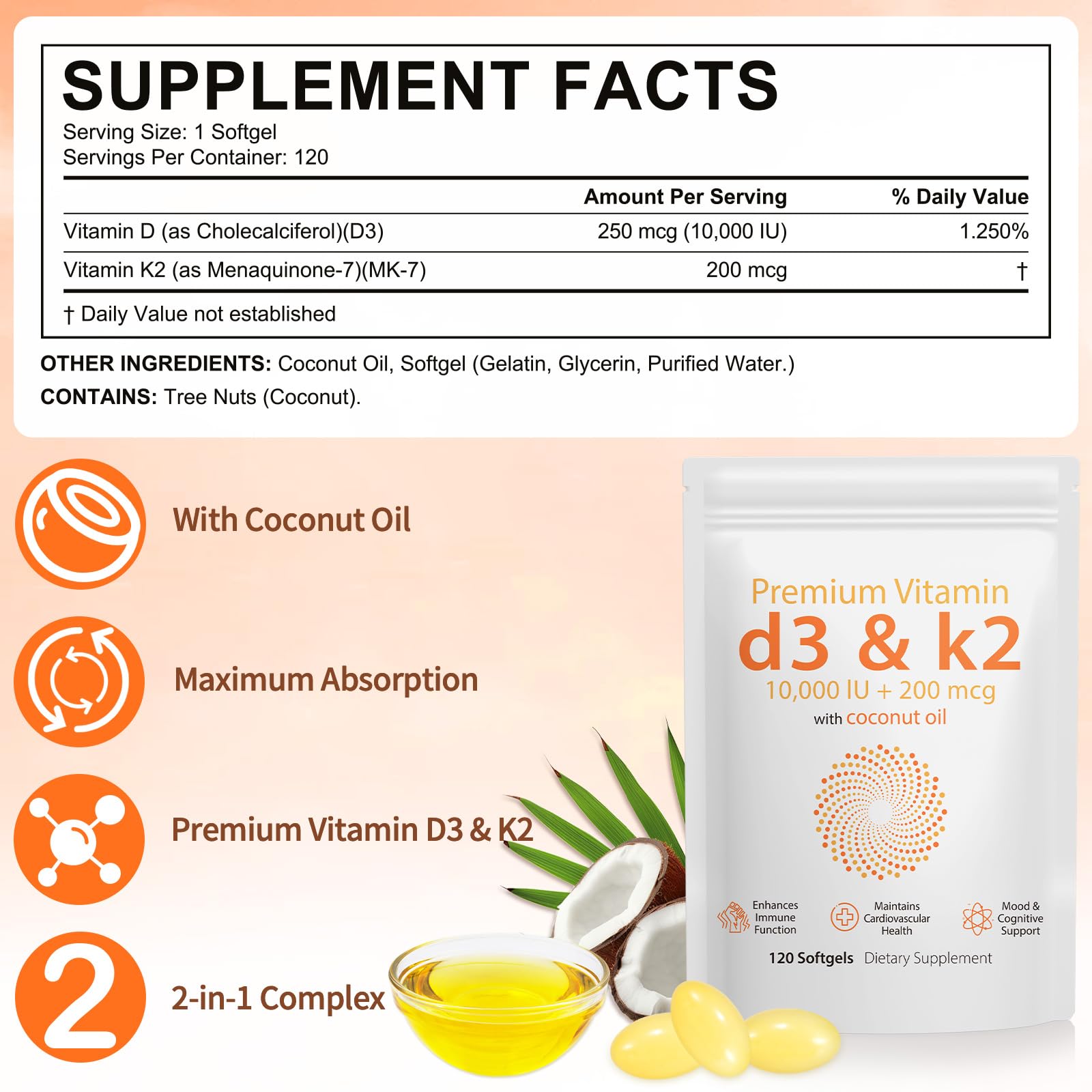 Daiasns Vitamin D3 & K2 Softgels showing dosage information