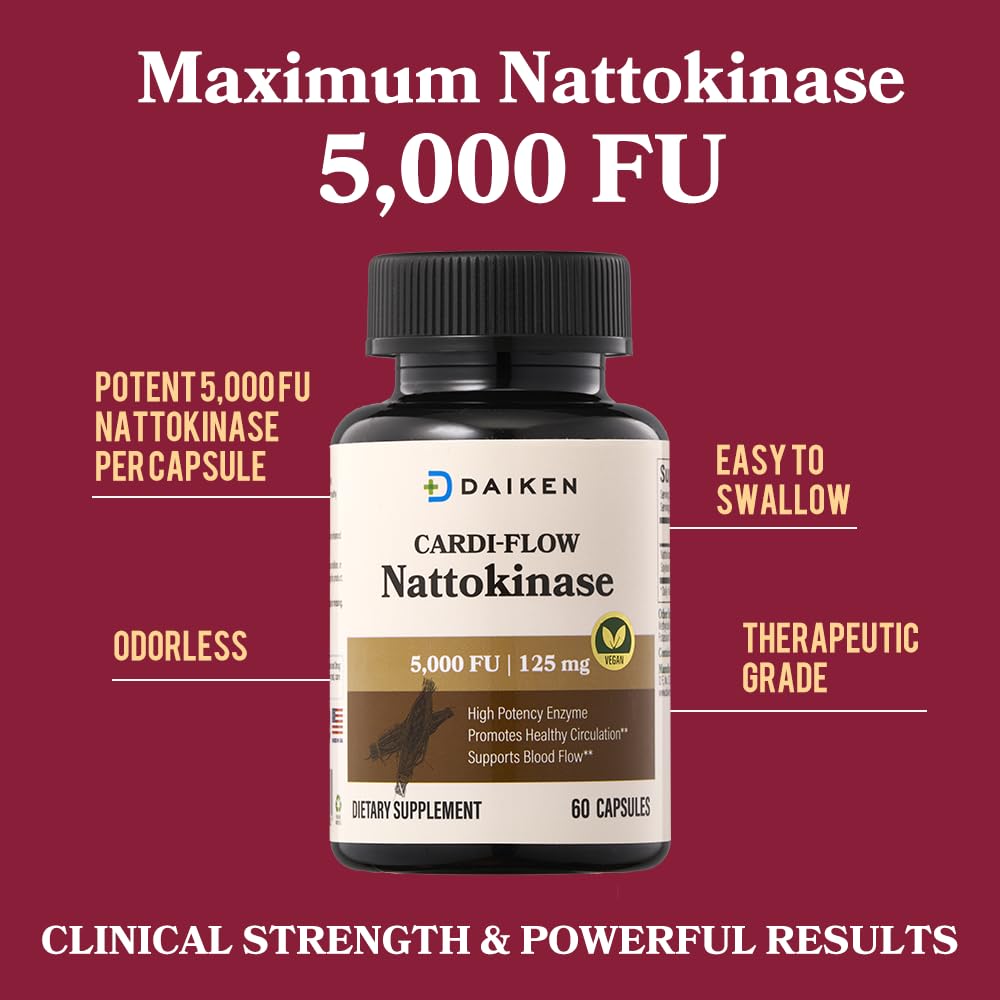 DAIKEN Multi-Enzymes 5000 FU Nattokinase Capsules on a wooden table