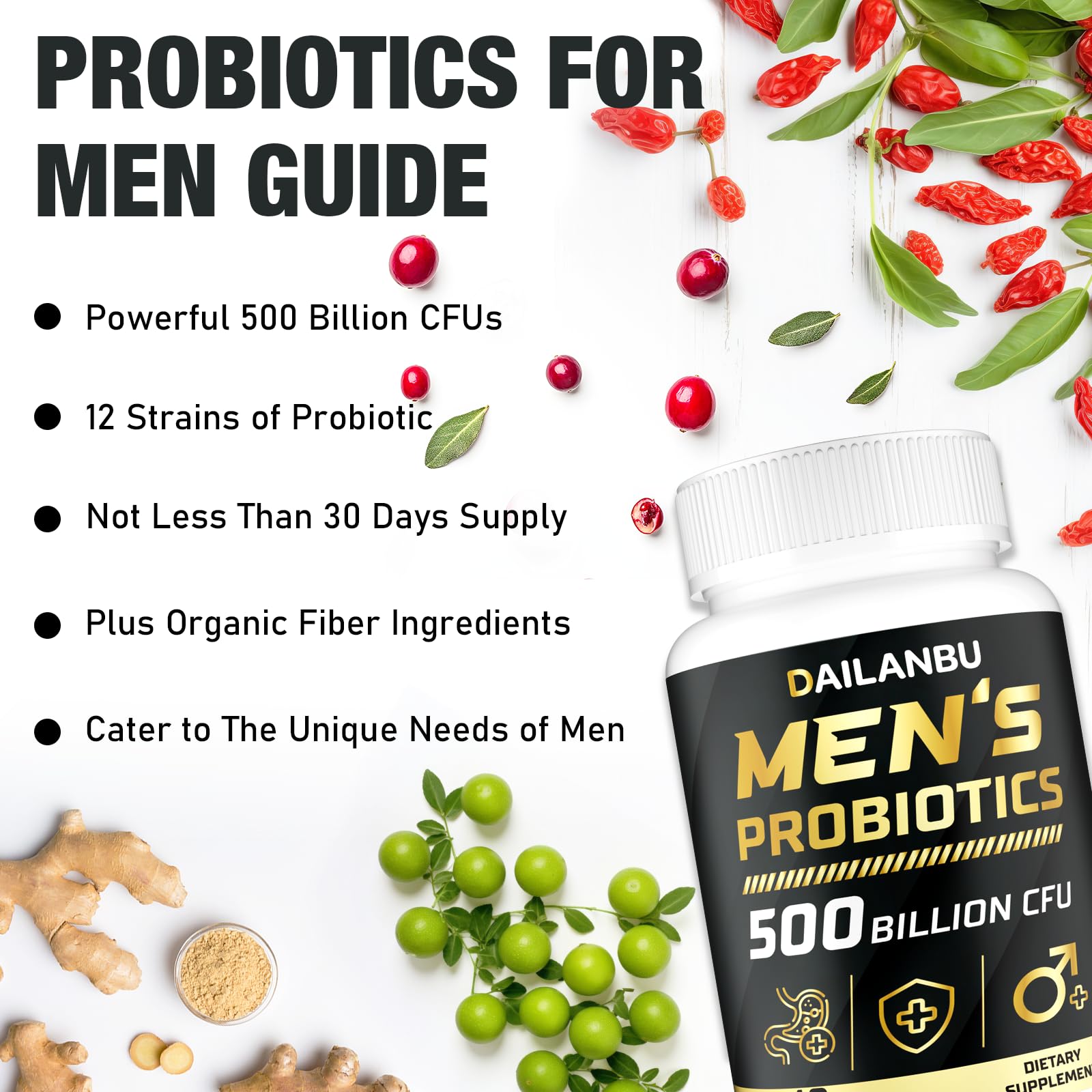 Dailanbu Men's Probiotic Supplement bottle with background