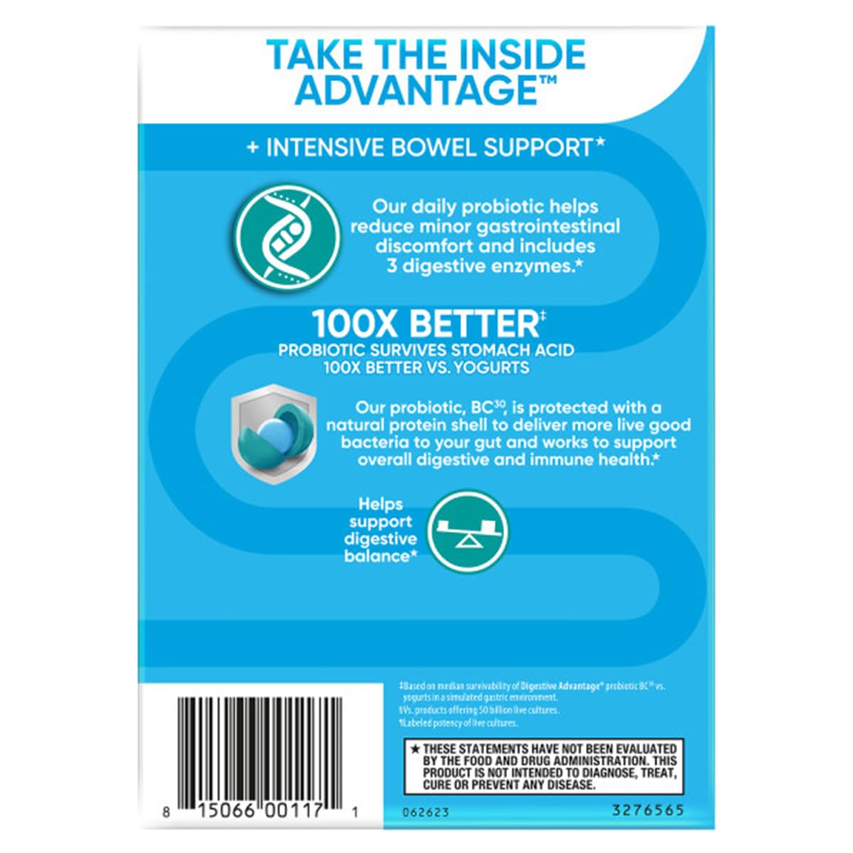 daily Advantage Daily Probiotics + Intensive Bowel Support capsule close-up