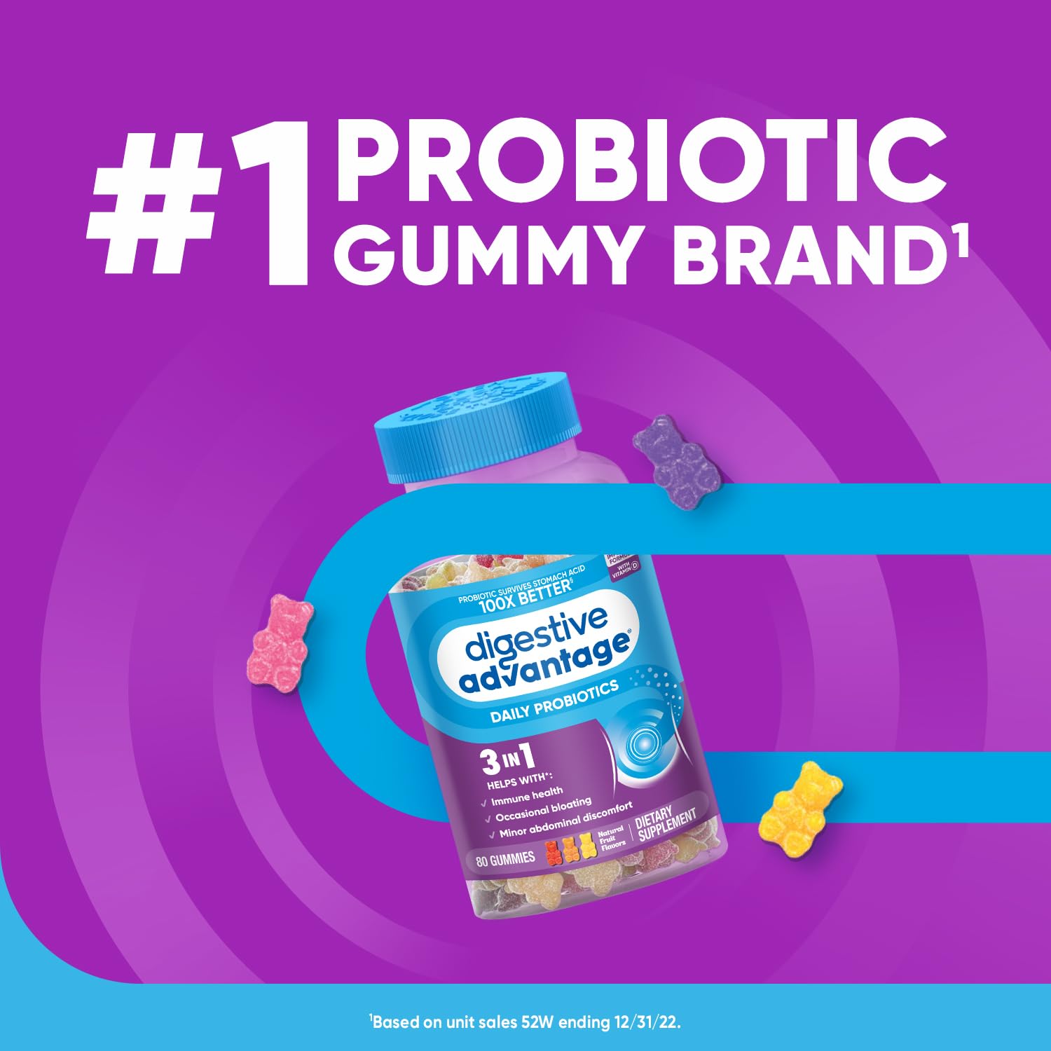 daily Advantage Probiotic Gummies displayed on a kitchen counter