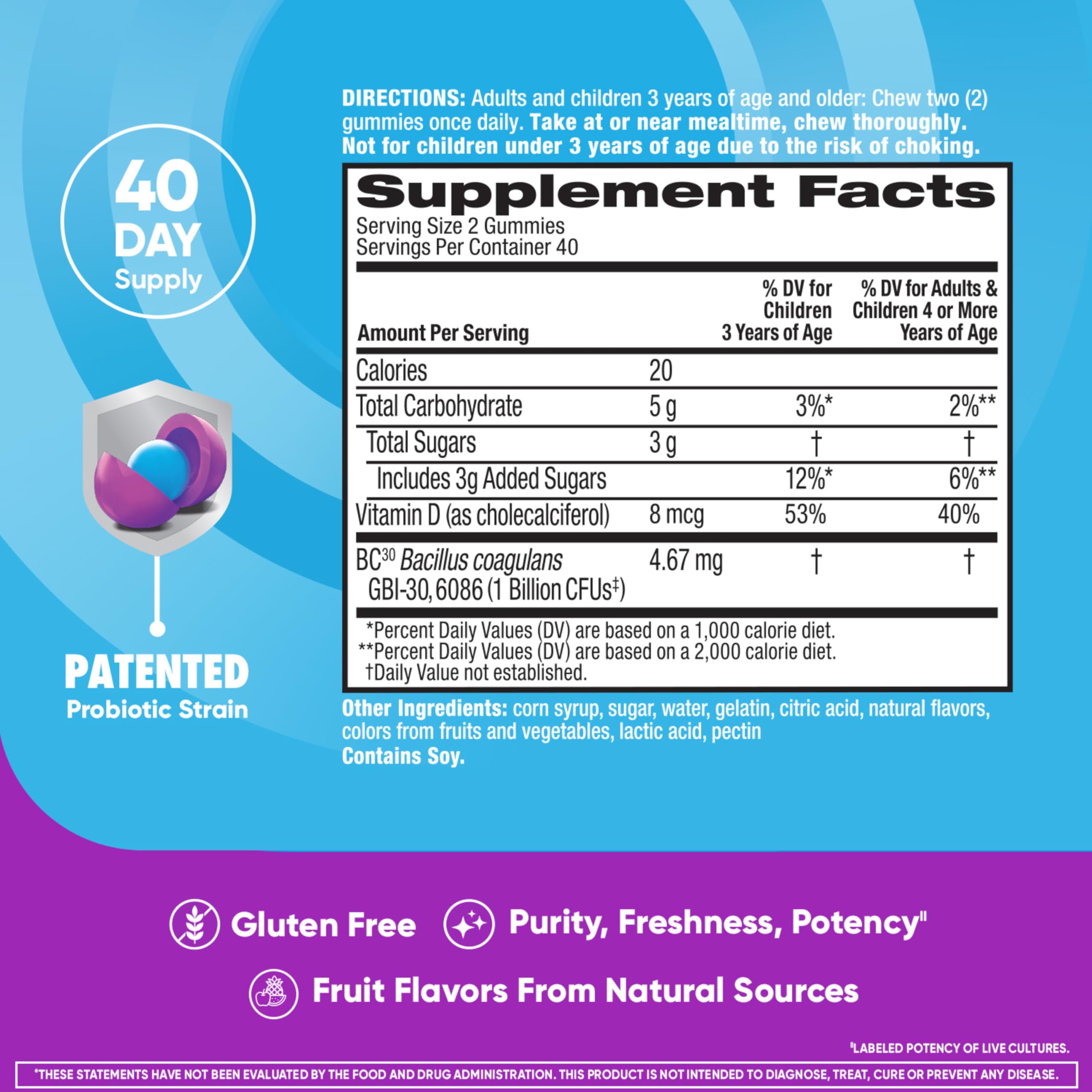daily Advantage Probiotics Gummies for Kids nutritional information