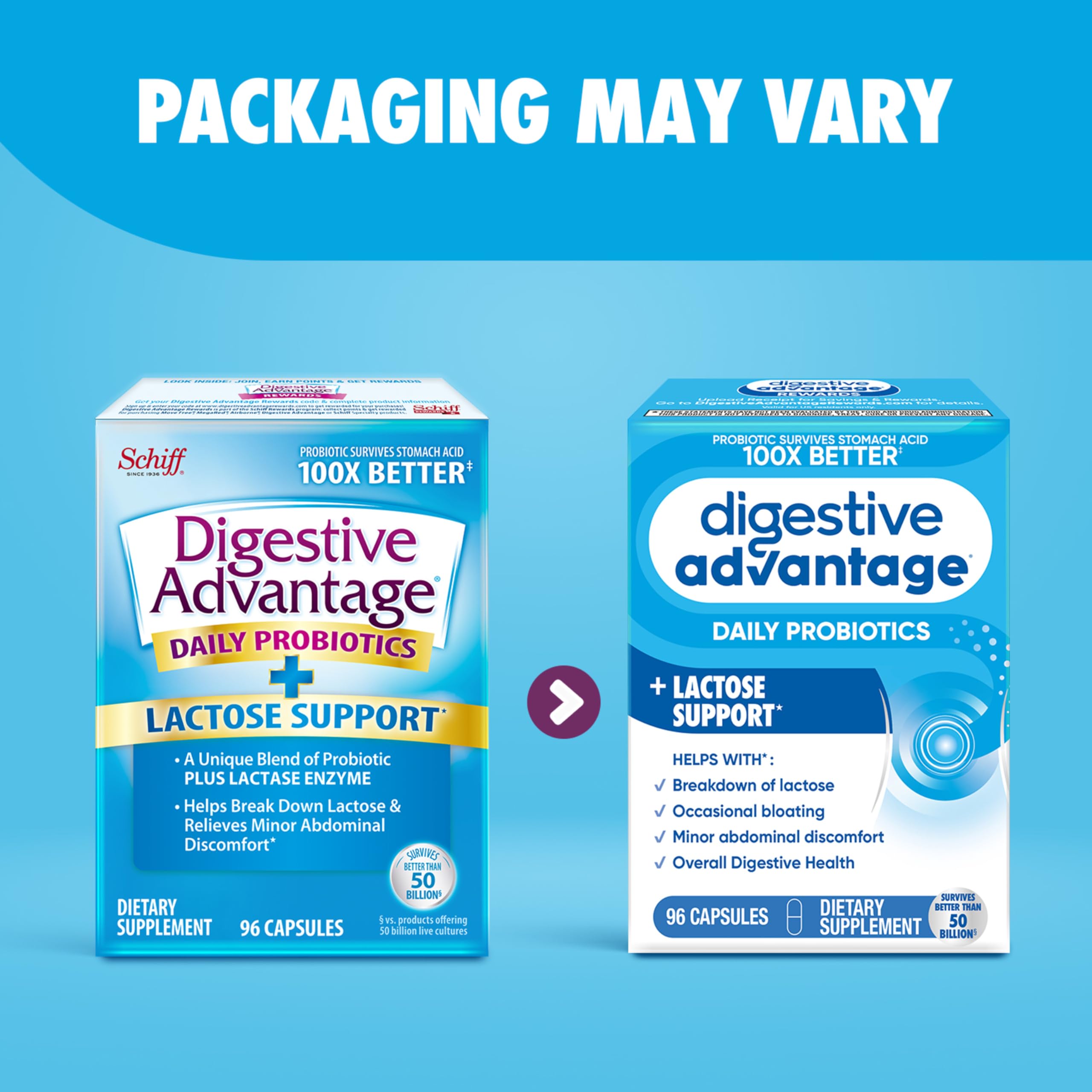 daily Advantage Probiotics + Lactase daily Enzymes 96ct capsules in a hand