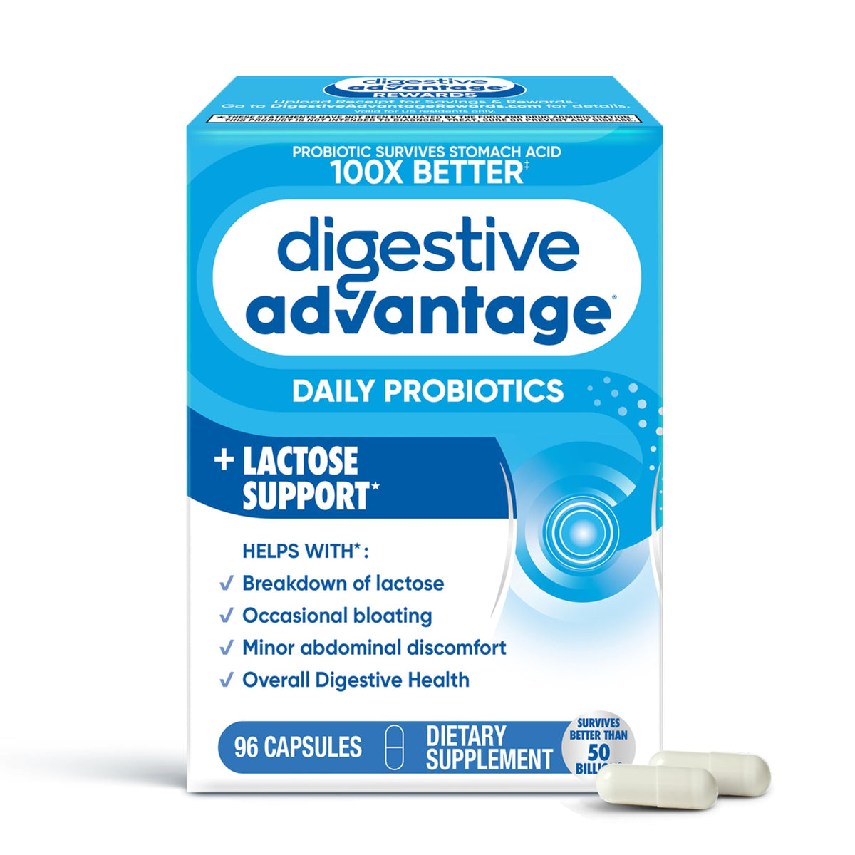 daily Advantage Probiotics + Lactase daily Enzymes 96ct front view